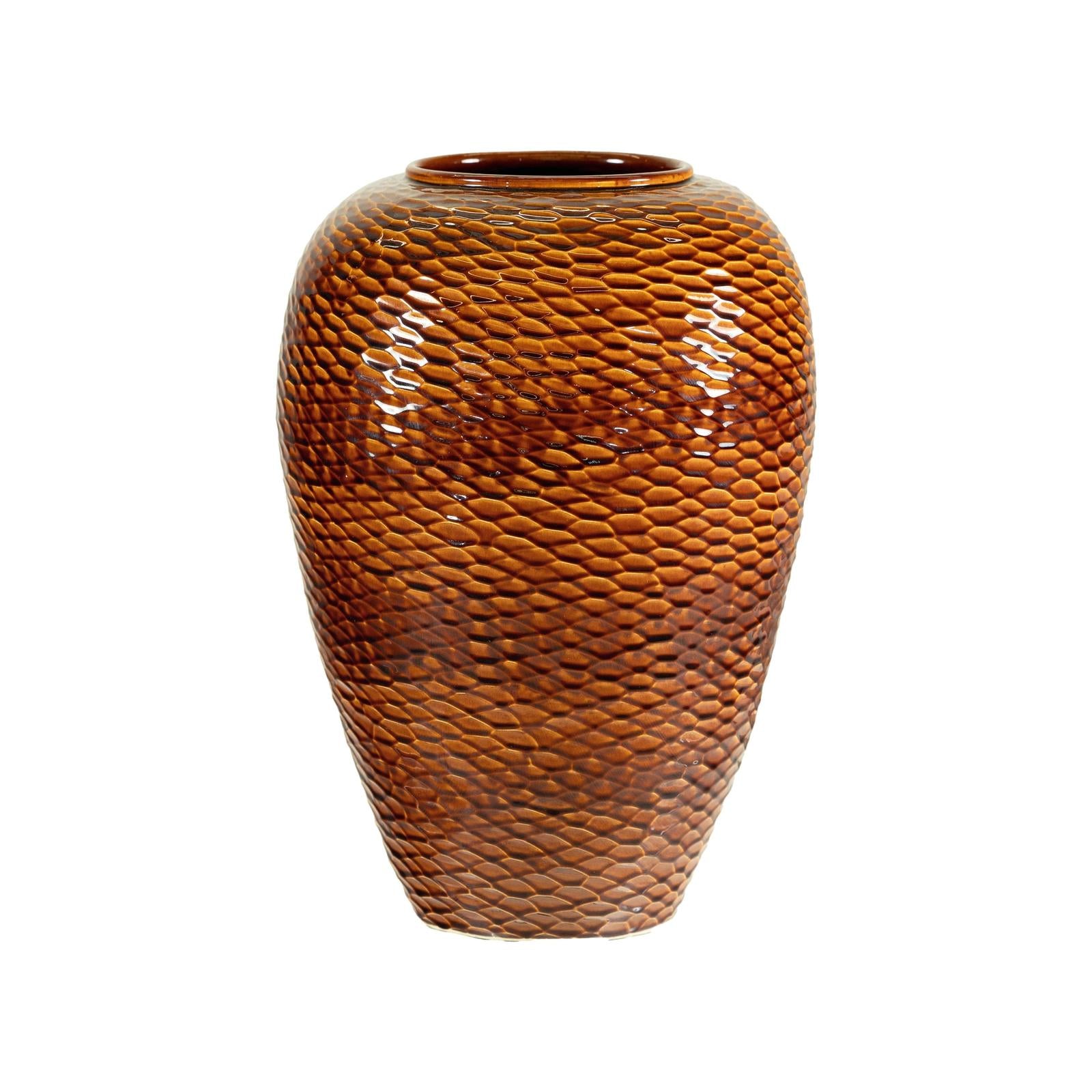 Large Honeycomb-Textured Ceramic Vase with Amber Glaze - image 13