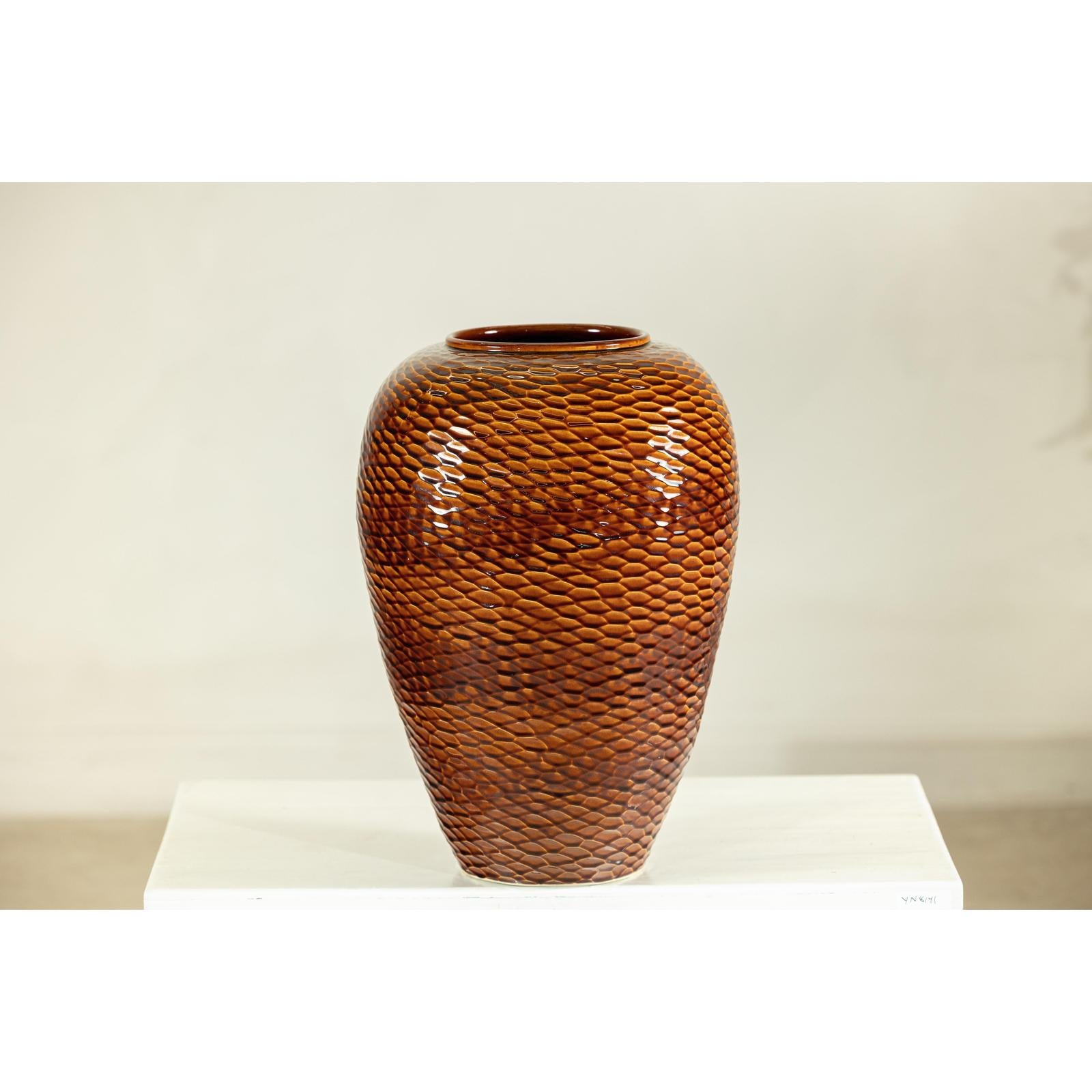 Large Honeycomb-Textured Ceramic Vase with Amber Glaze - image 2