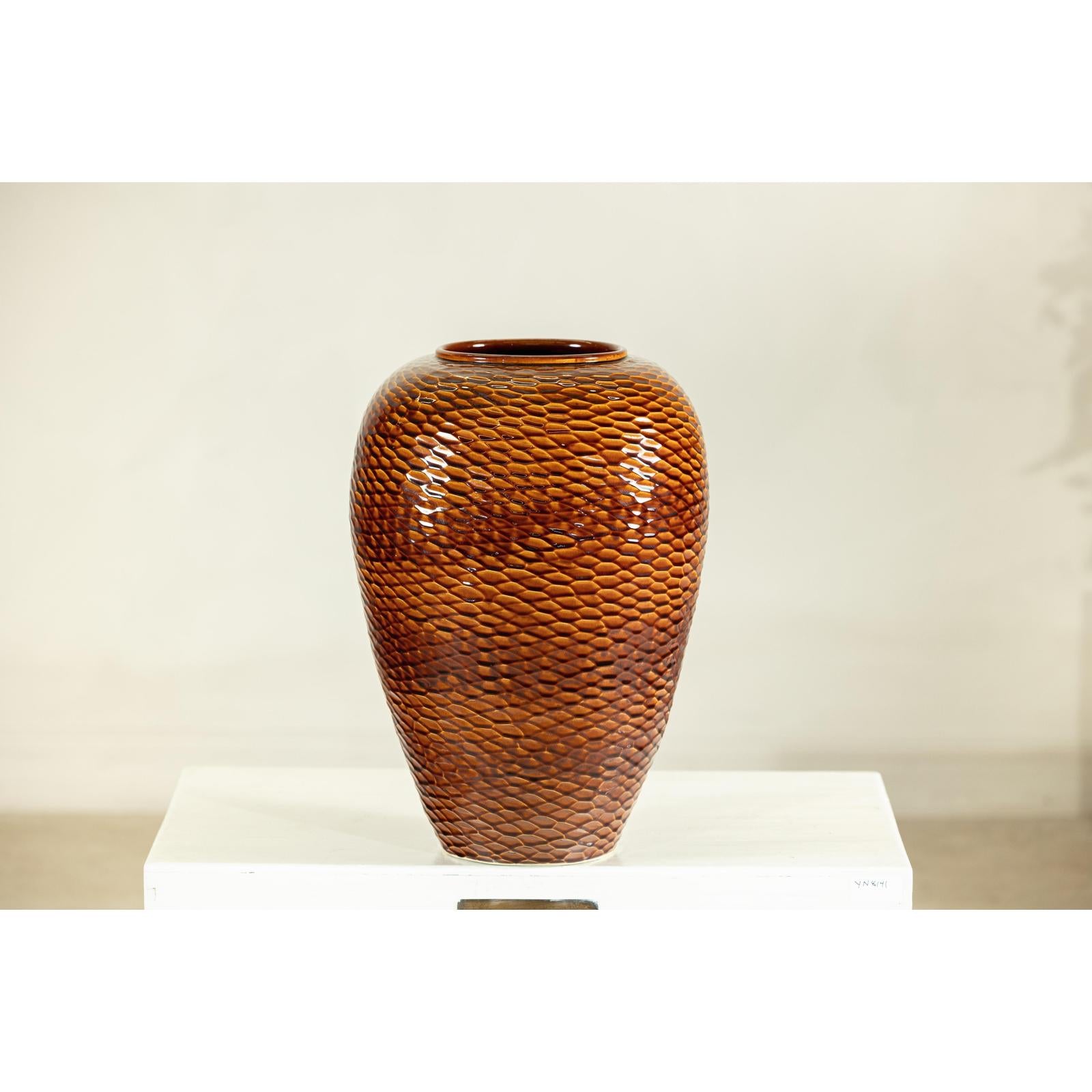 Large Honeycomb-Textured Ceramic Vase with Amber Glaze - image 3