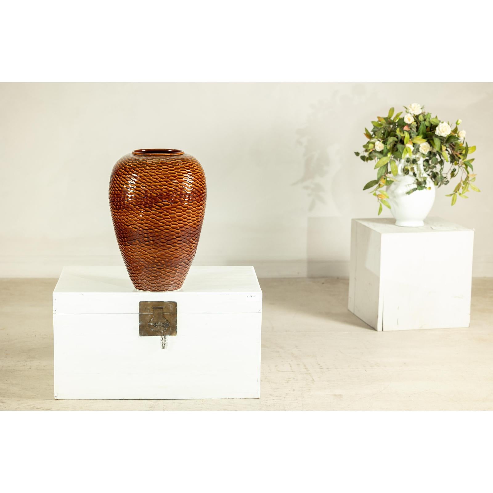 Large Honeycomb-Textured Ceramic Vase with Amber Glaze - image 4