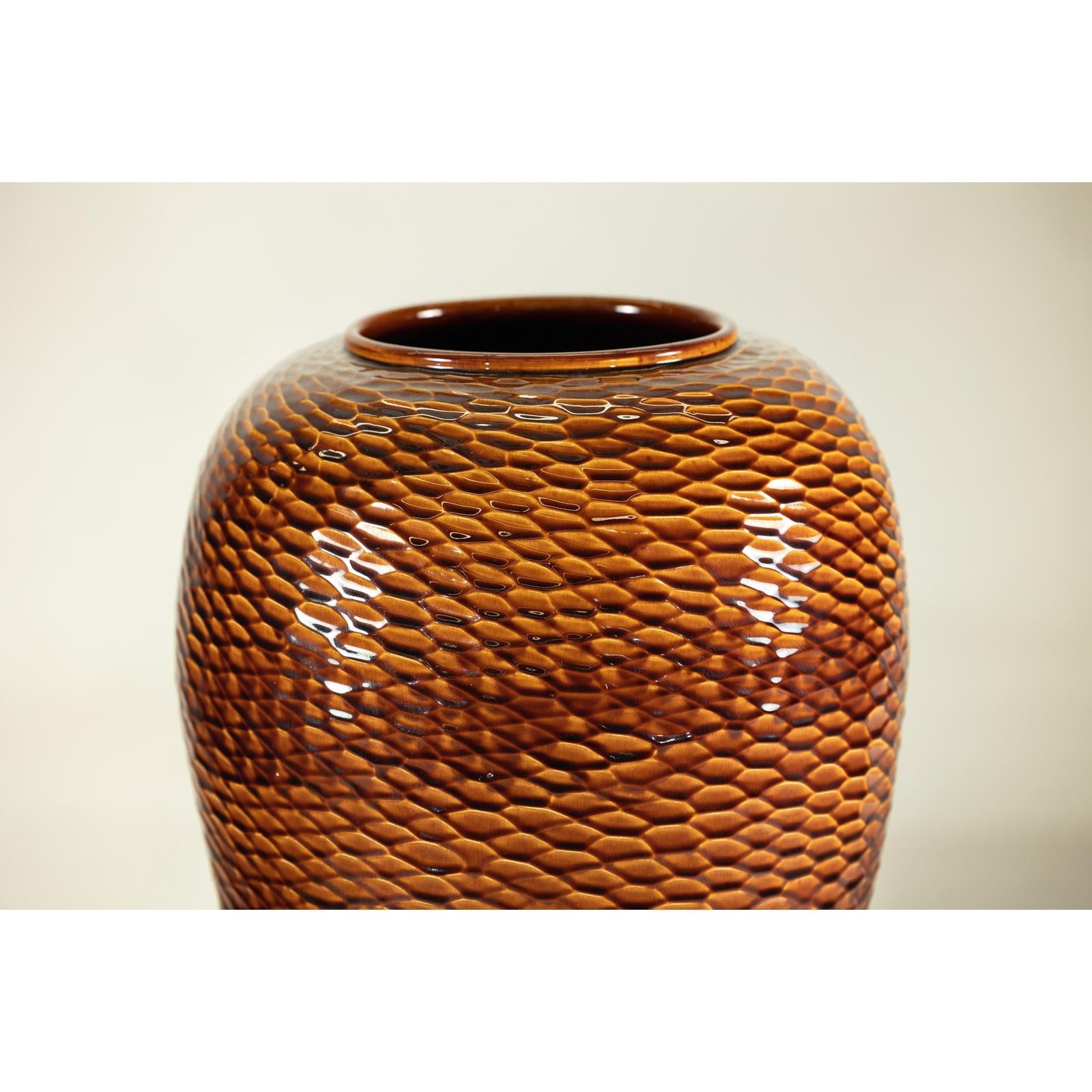 Large Honeycomb-Textured Ceramic Vase with Amber Glaze - image 5