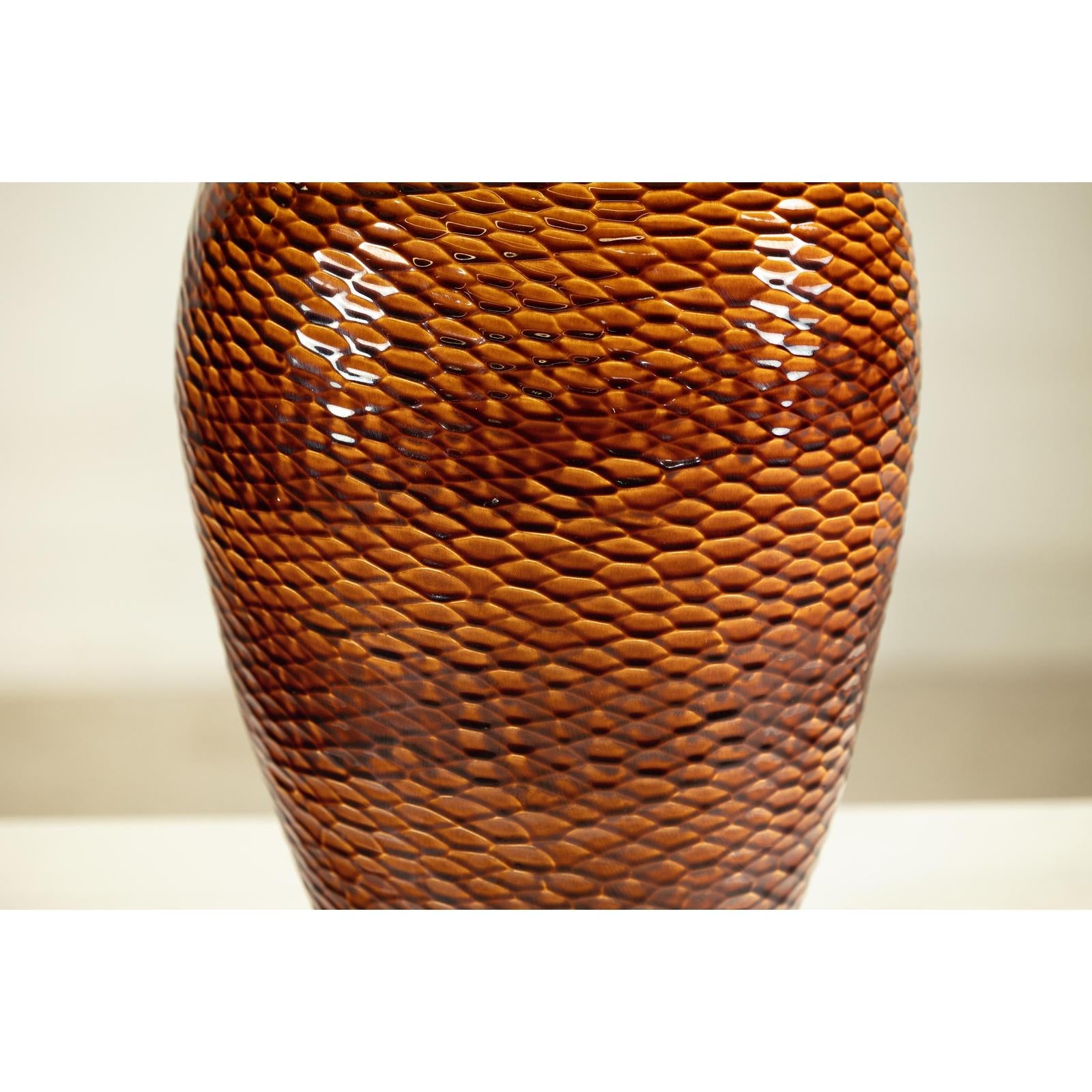 Large Honeycomb-Textured Ceramic Vase with Amber Glaze - image 6