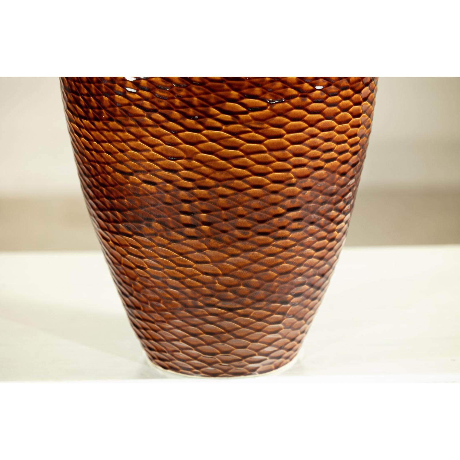 Large Honeycomb-Textured Ceramic Vase with Amber Glaze - image 7