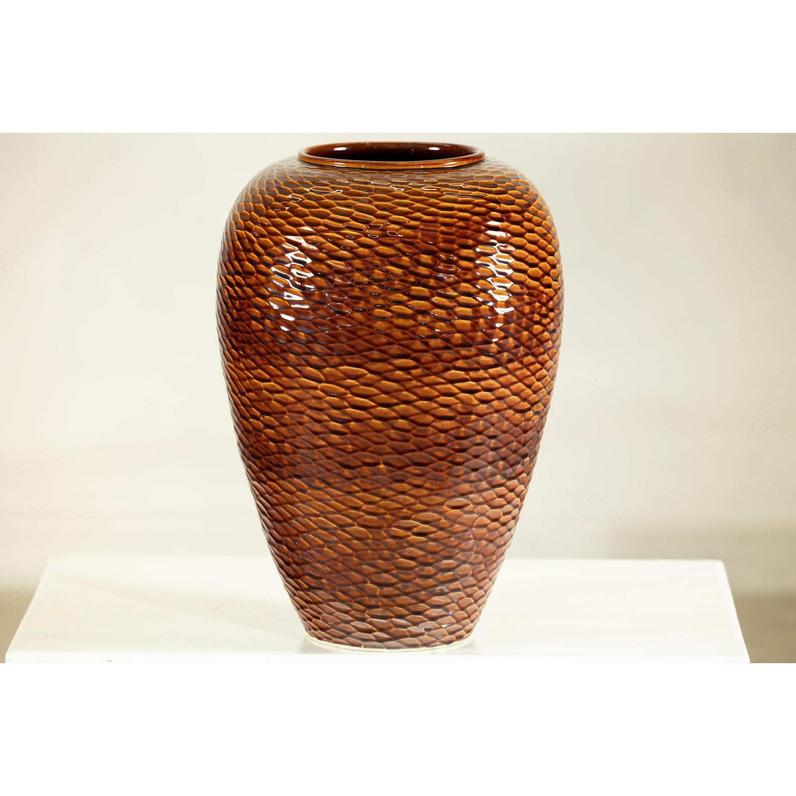 Large Honeycomb-Textured Ceramic Vase with Amber Glaze - image 8
