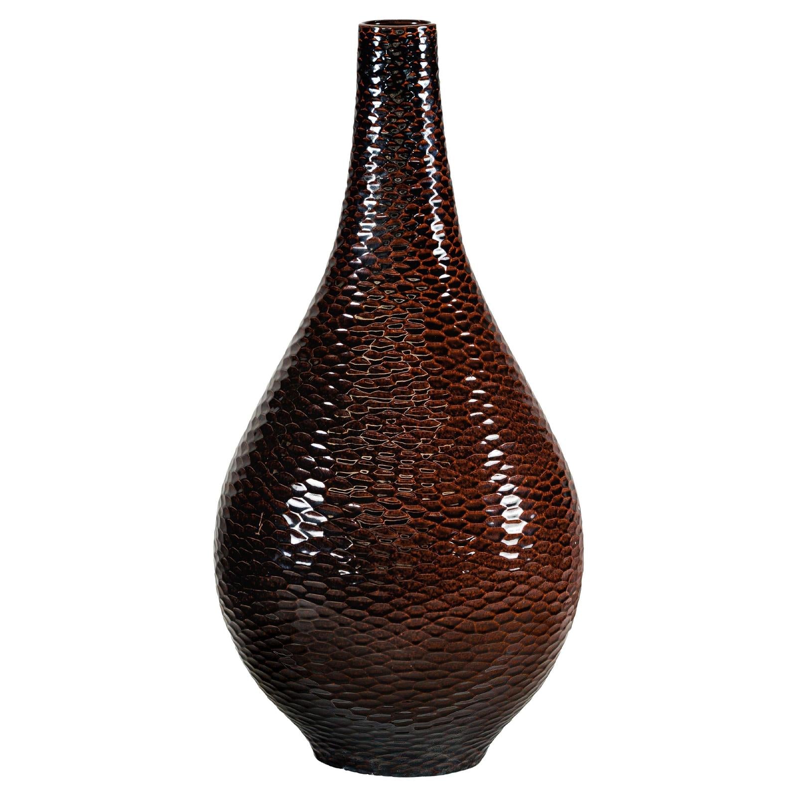 Large Mahogany Brown Ceramic Vase with Honeycomb Texture - image 1