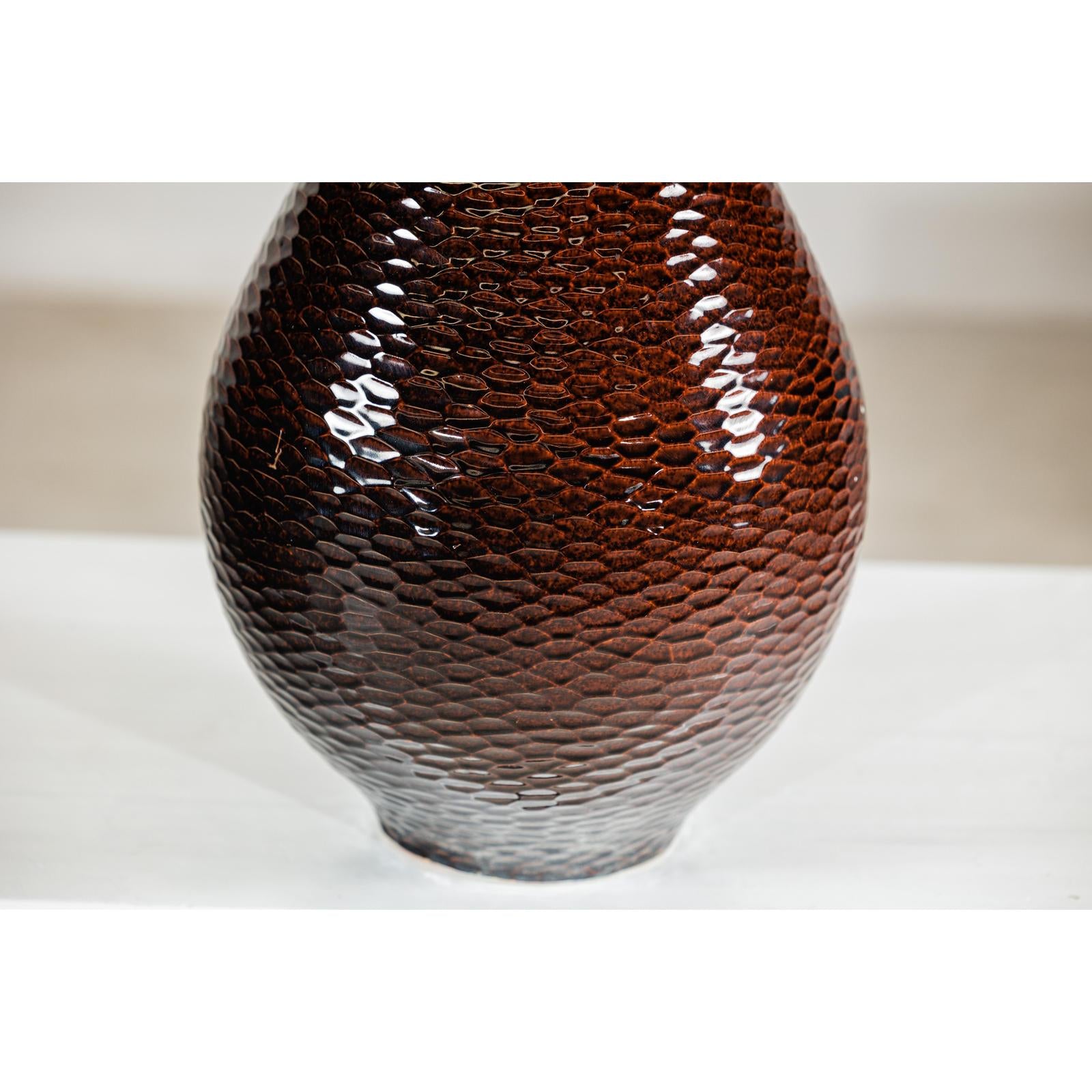 Large Mahogany Brown Ceramic Vase with Honeycomb Texture - image 11