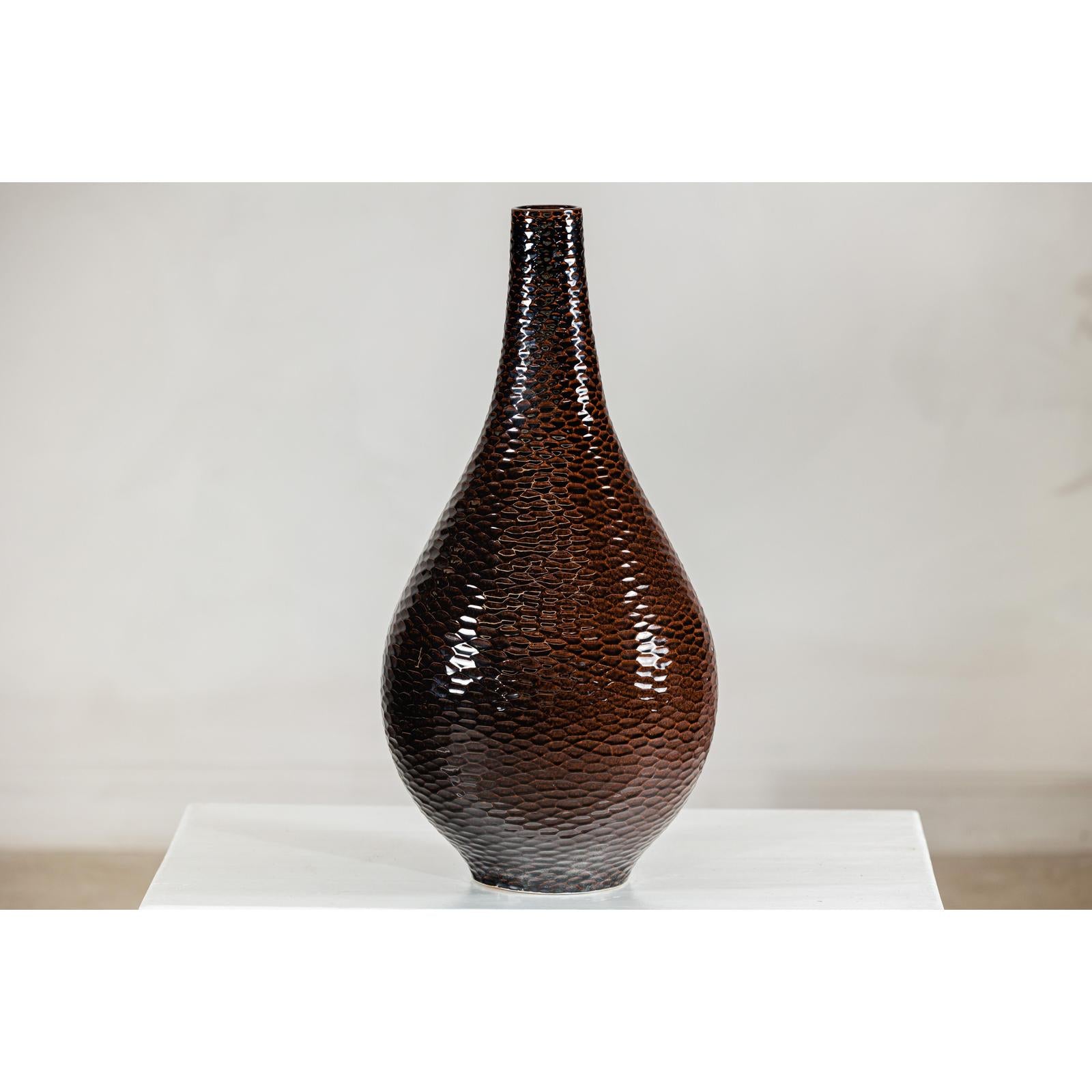 Large Mahogany Brown Ceramic Vase with Honeycomb Texture - image 16