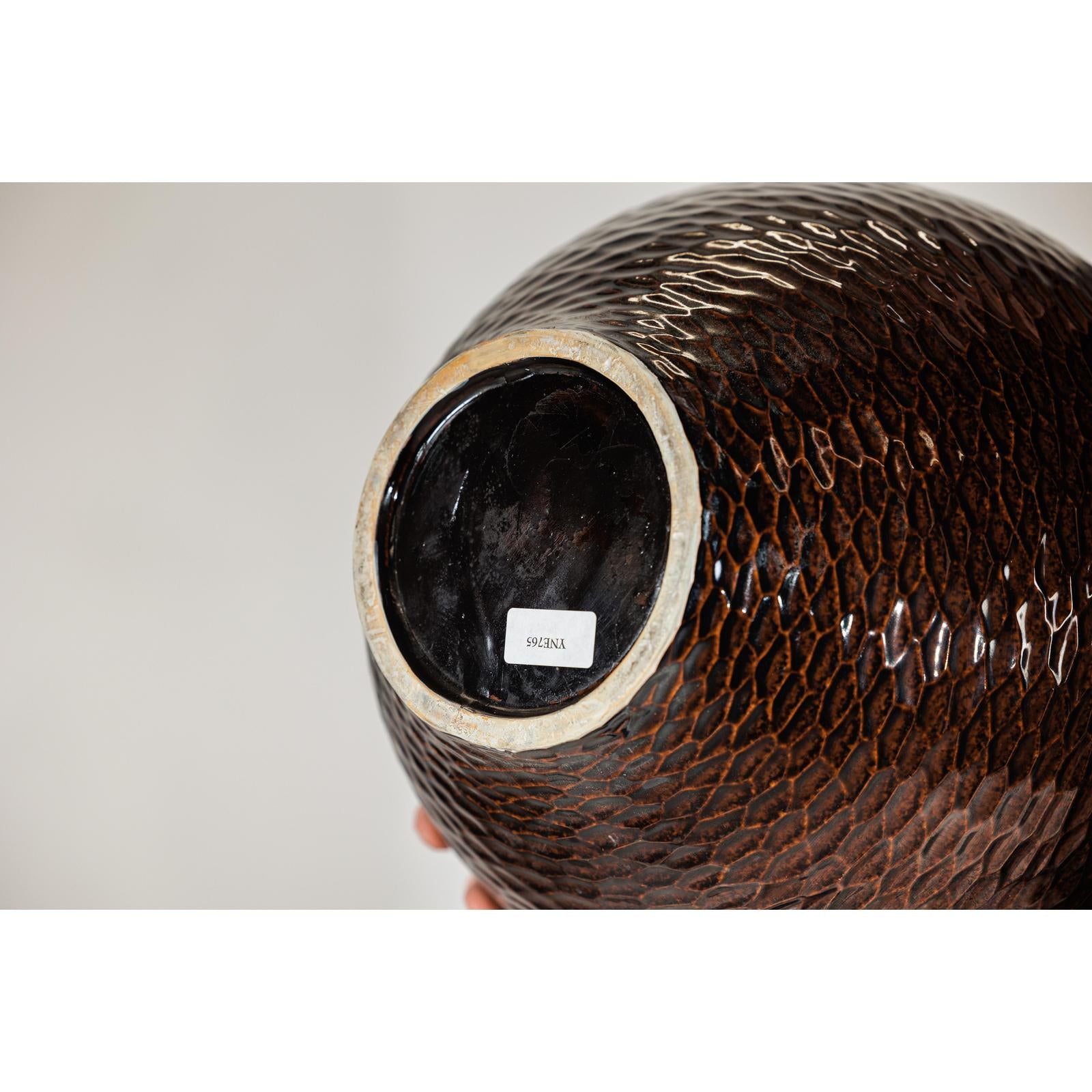 Large Mahogany Brown Ceramic Vase with Honeycomb Texture - image 17