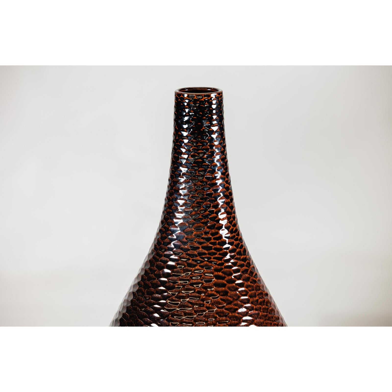 Large Mahogany Brown Ceramic Vase with Honeycomb Texture - image 9