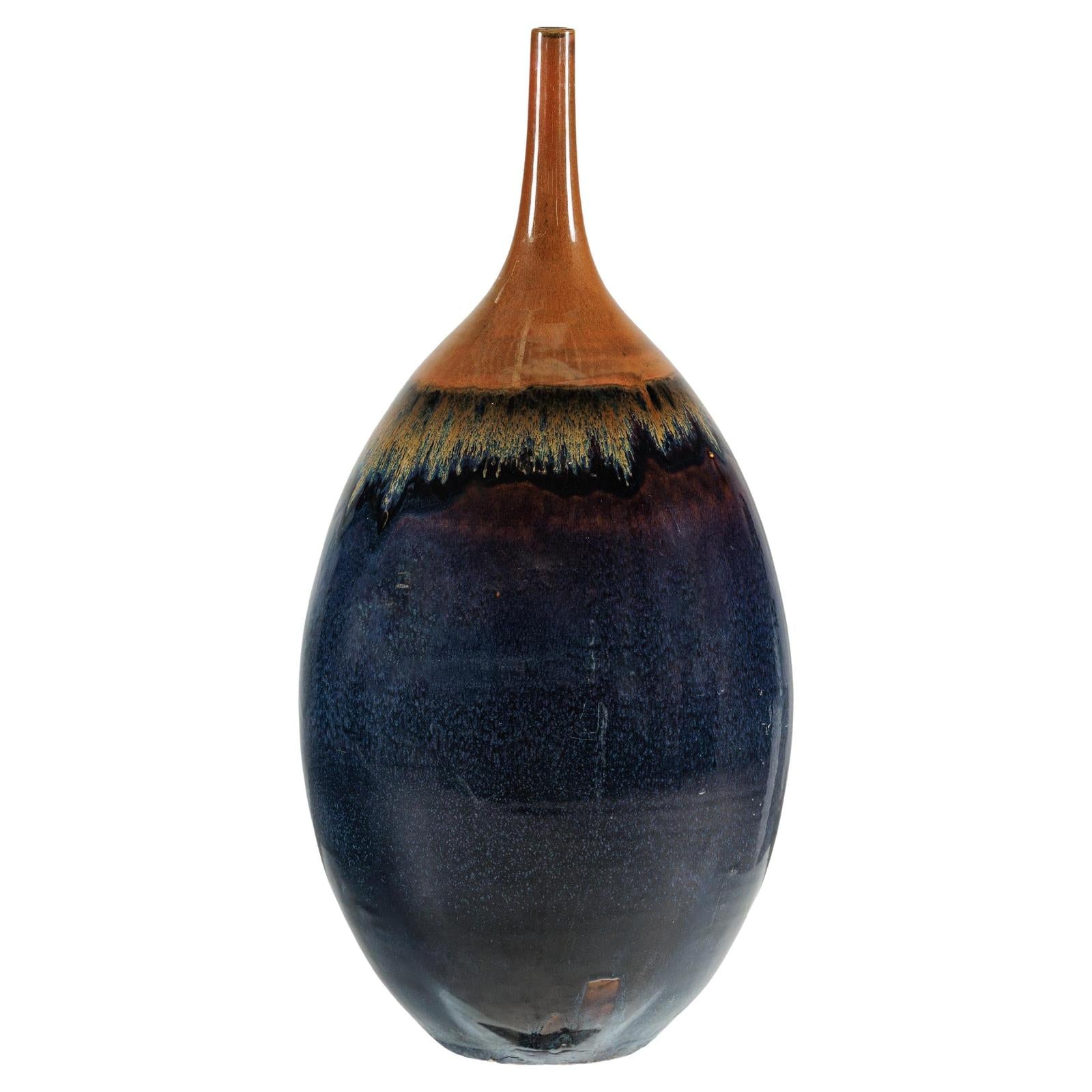 Large Midnight Blue Ceramic Vase with Brown Tapered Neck - image 1