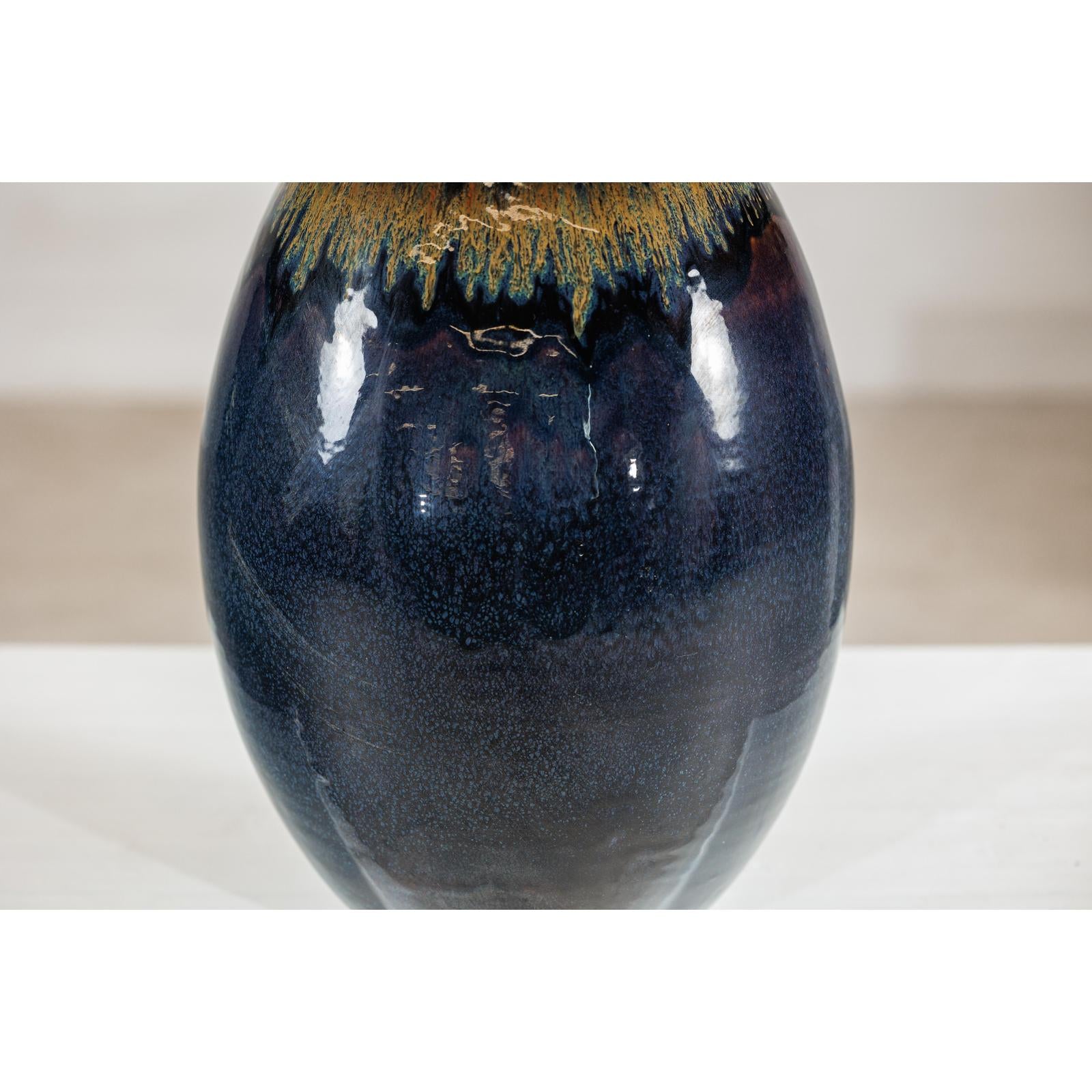 Large Midnight Blue Ceramic Vase with Brown Tapered Neck - image 10