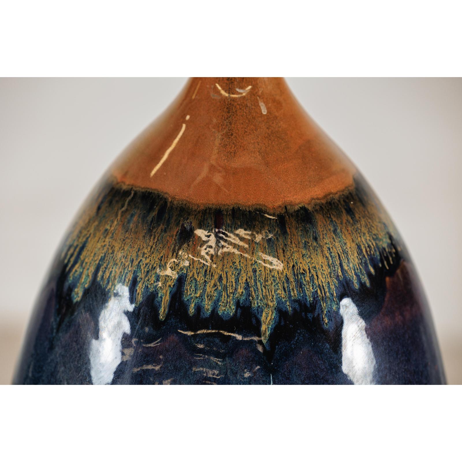 Large Midnight Blue Ceramic Vase with Brown Tapered Neck - image 11