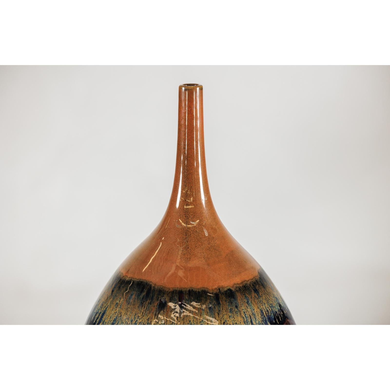 Large Midnight Blue Ceramic Vase with Brown Tapered Neck - image 12