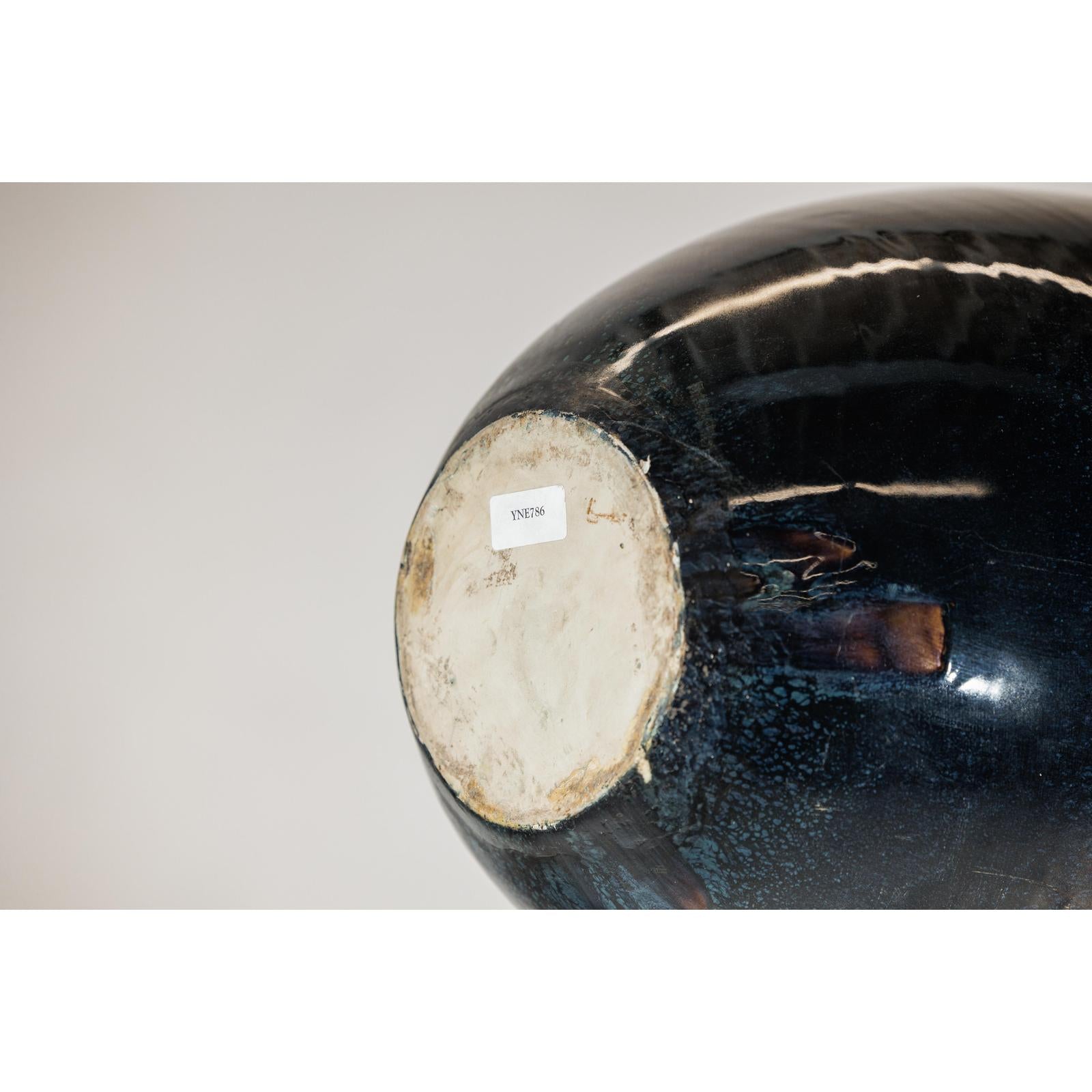 Large Midnight Blue Ceramic Vase with Brown Tapered Neck - image 13