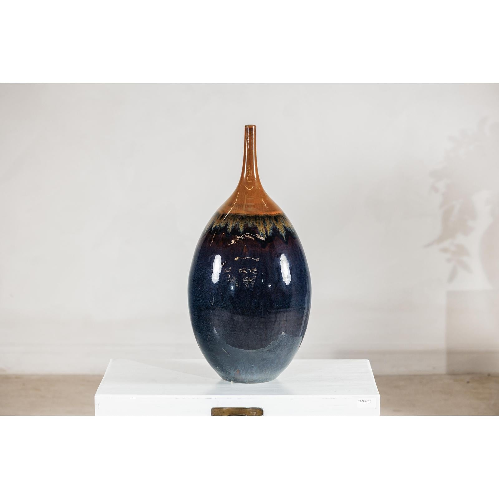 Large Midnight Blue Ceramic Vase with Brown Tapered Neck - image 14