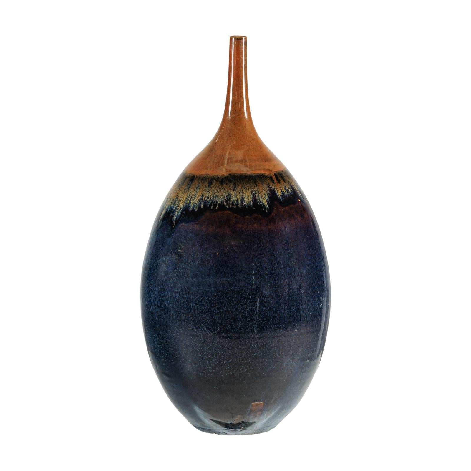 Large Midnight Blue Ceramic Vase with Brown Tapered Neck - image 15