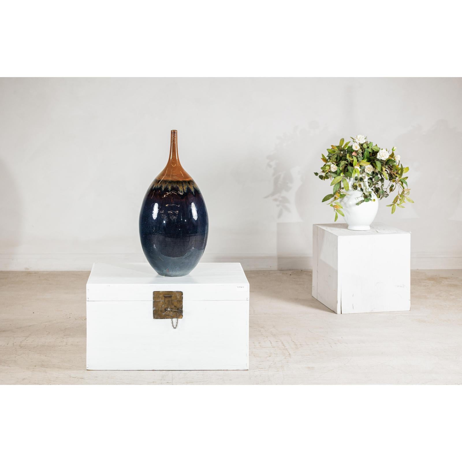 Large Midnight Blue Ceramic Vase with Brown Tapered Neck - image 2