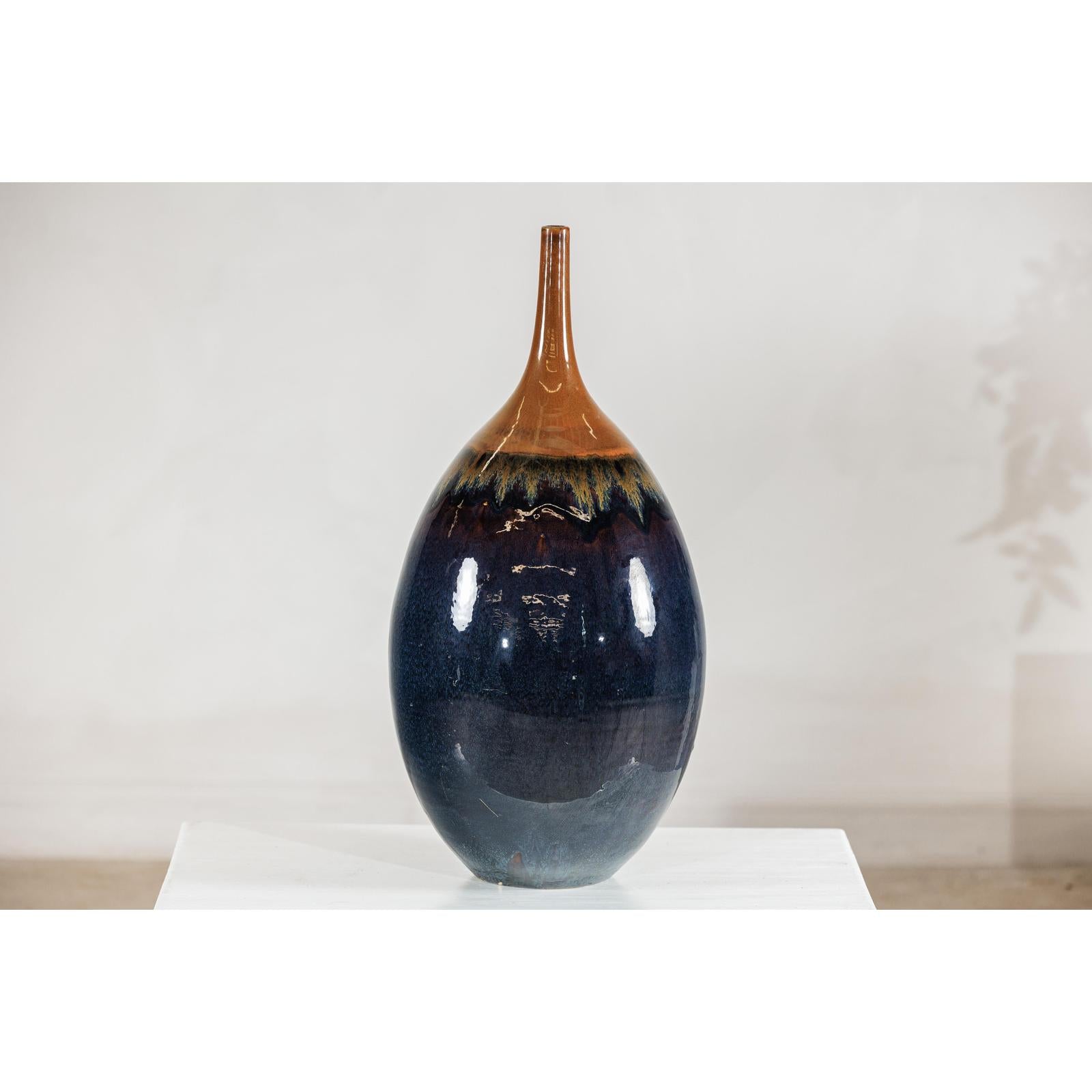 Large Midnight Blue Ceramic Vase with Brown Tapered Neck - image 3