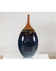 Large Midnight Blue Ceramic Vase with Brown Tapered Neck - image 3
