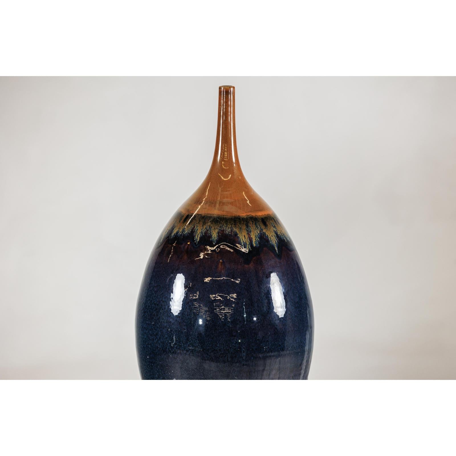 Large Midnight Blue Ceramic Vase with Brown Tapered Neck - image 4
