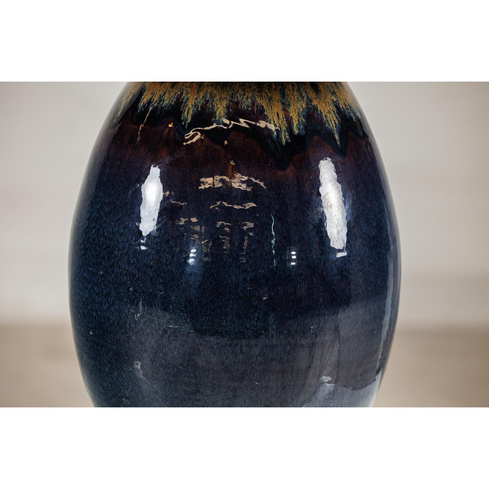 Large Midnight Blue Ceramic Vase with Brown Tapered Neck - image 5