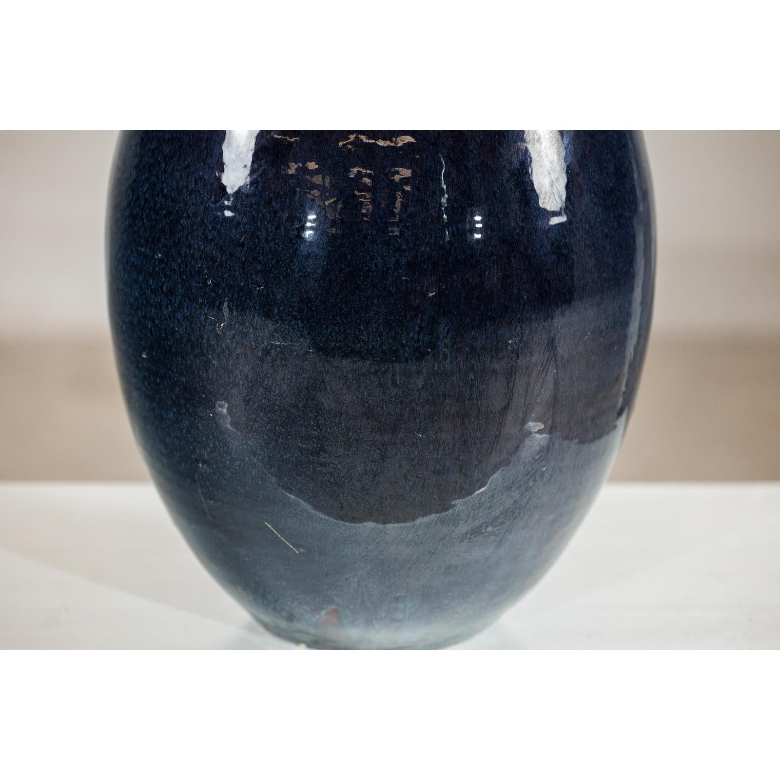 Large Midnight Blue Ceramic Vase with Brown Tapered Neck - image 6