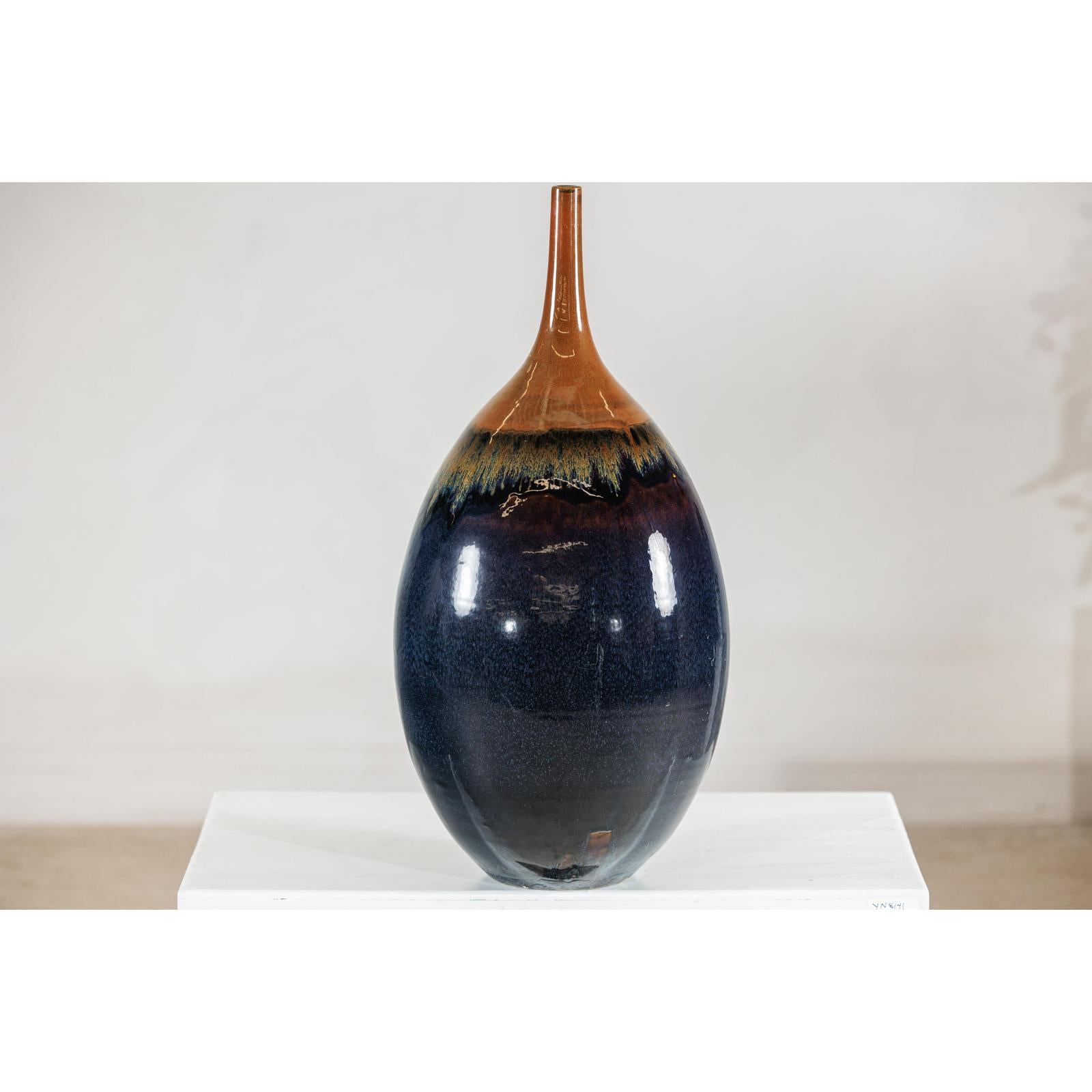 Large Midnight Blue Ceramic Vase with Brown Tapered Neck - image 7