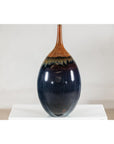 Large Midnight Blue Ceramic Vase with Brown Tapered Neck - image 7