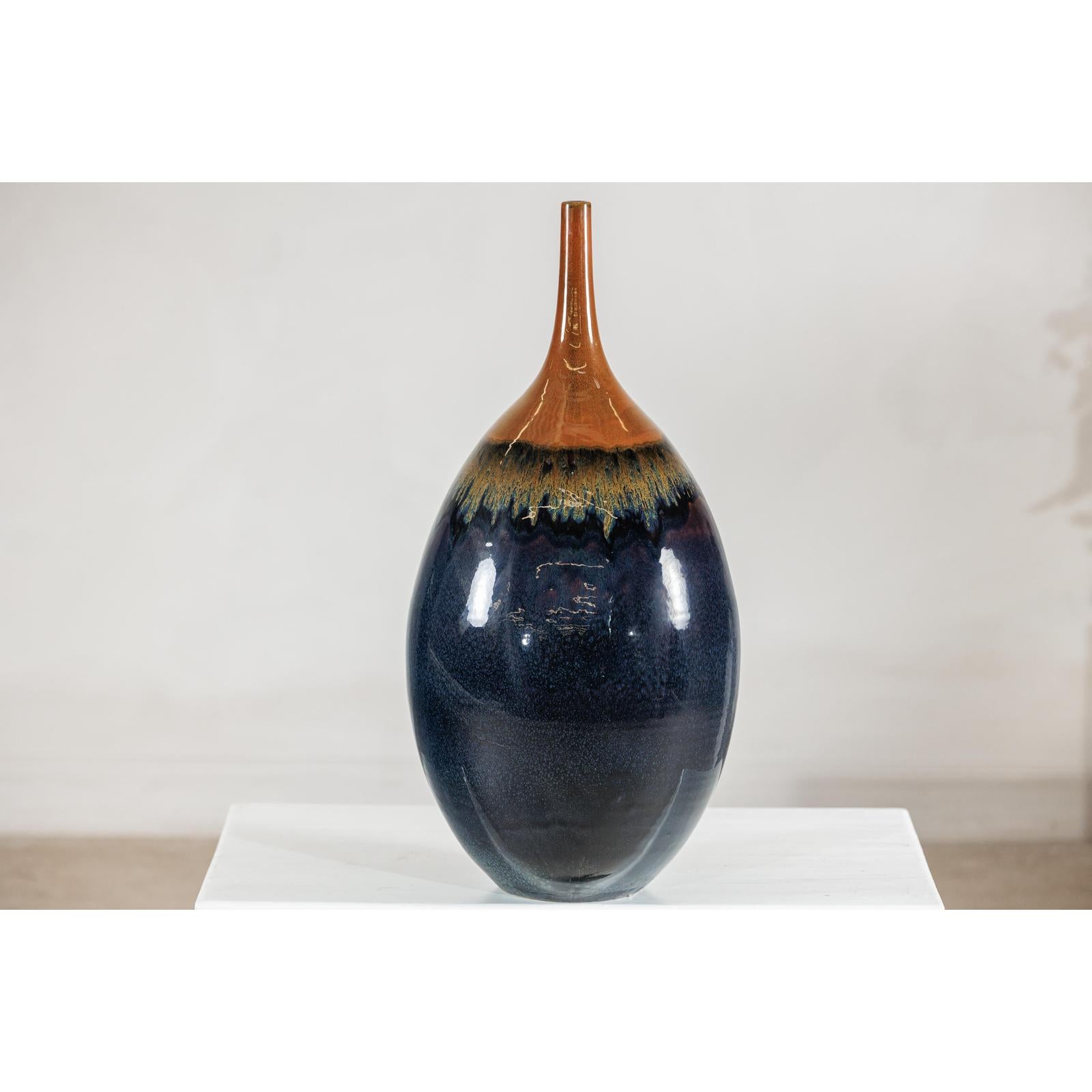 Large Midnight Blue Ceramic Vase with Brown Tapered Neck - image 8