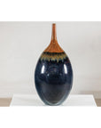 Large Midnight Blue Ceramic Vase with Brown Tapered Neck - image 8