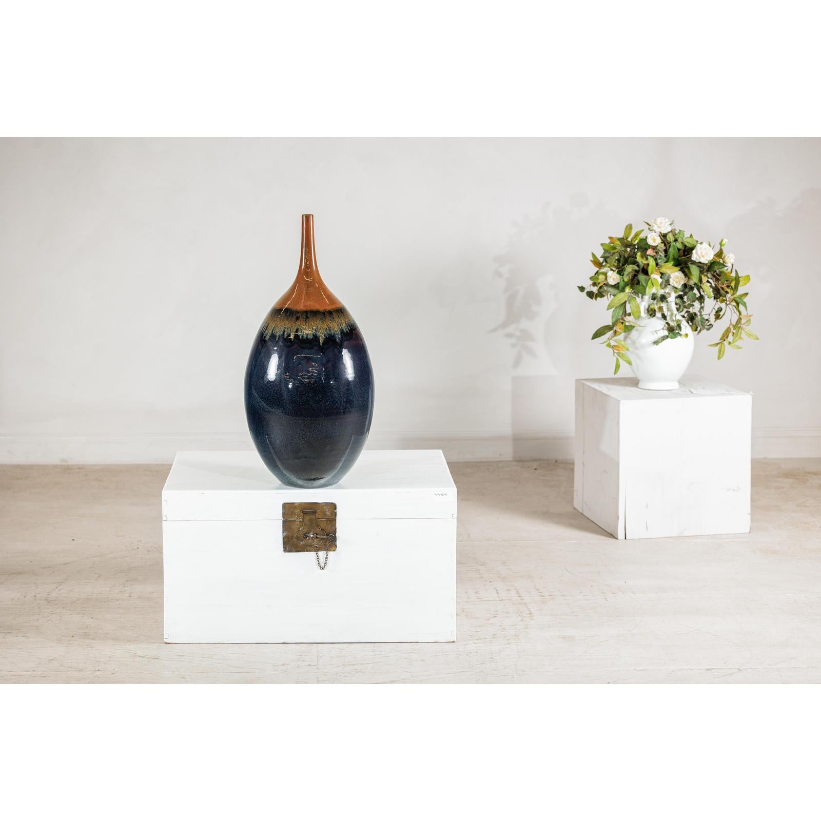 Large Midnight Blue Ceramic Vase with Brown Tapered Neck - image 9