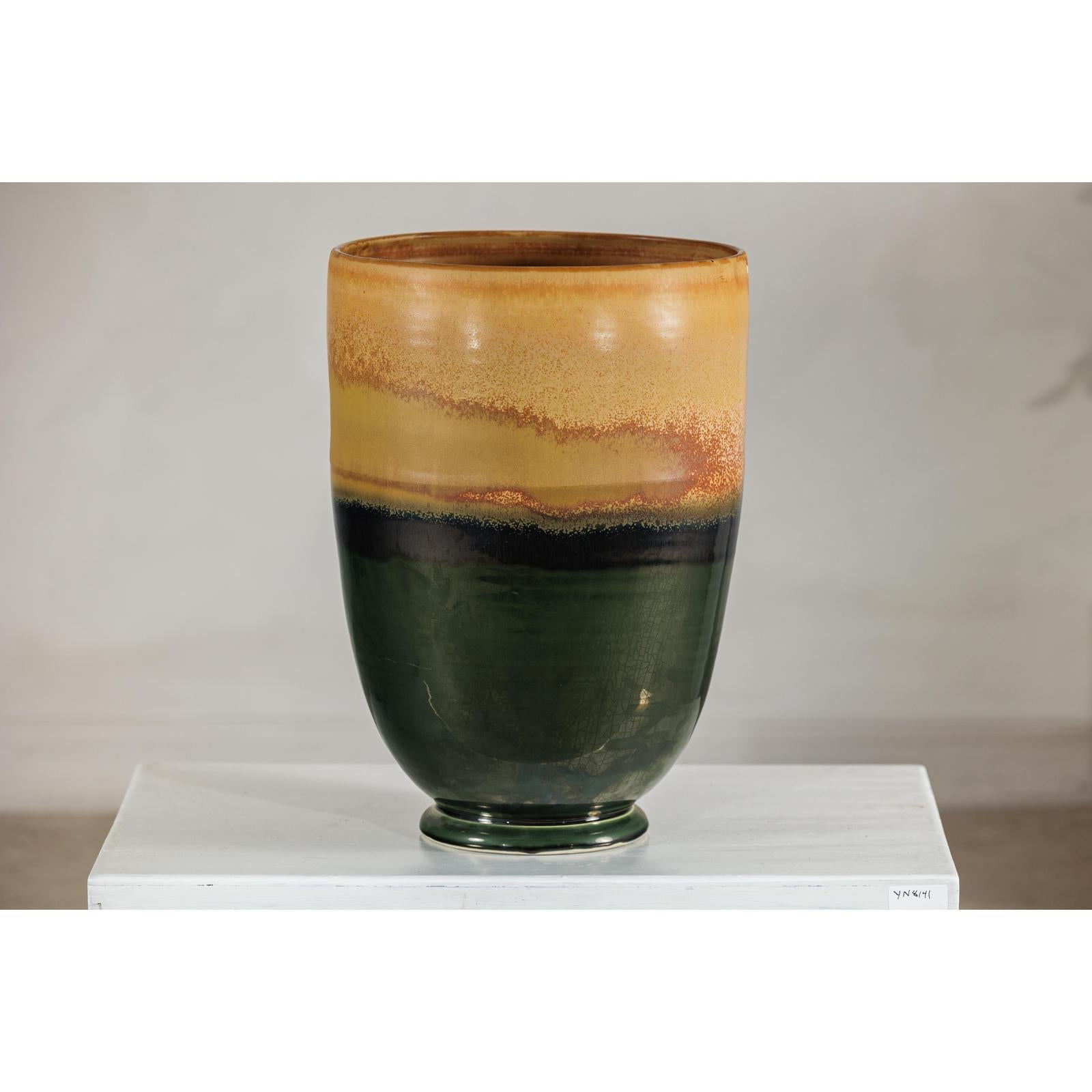 Large Ochre &amp; Green Ceramic Planter with Earth-Tone Finish - image 10