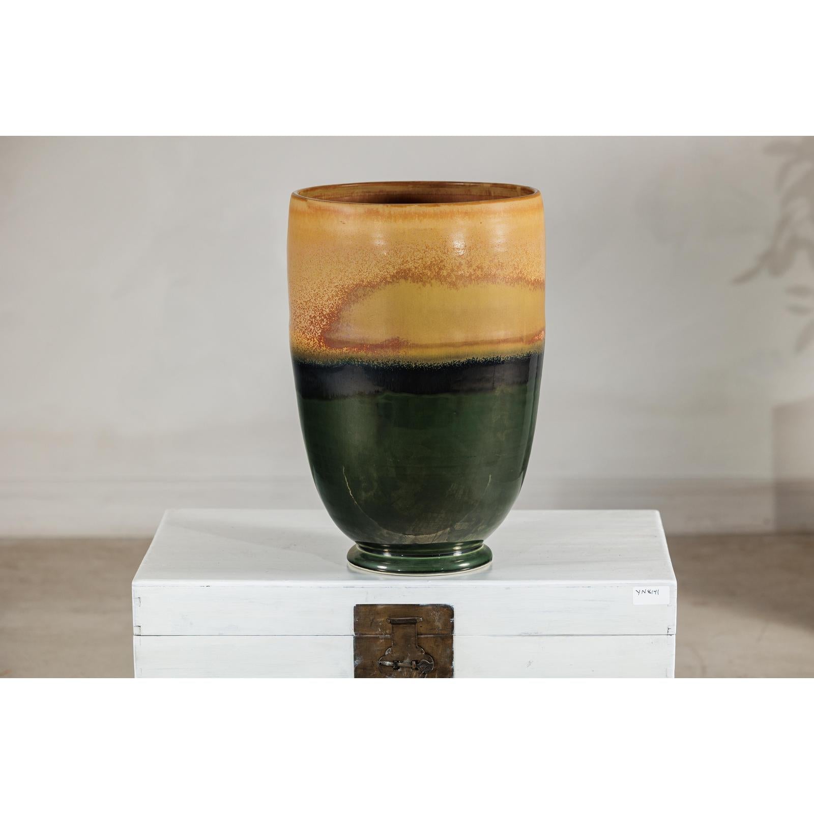 Large Ochre &amp; Green Ceramic Planter with Earth-Tone Finish - image 12