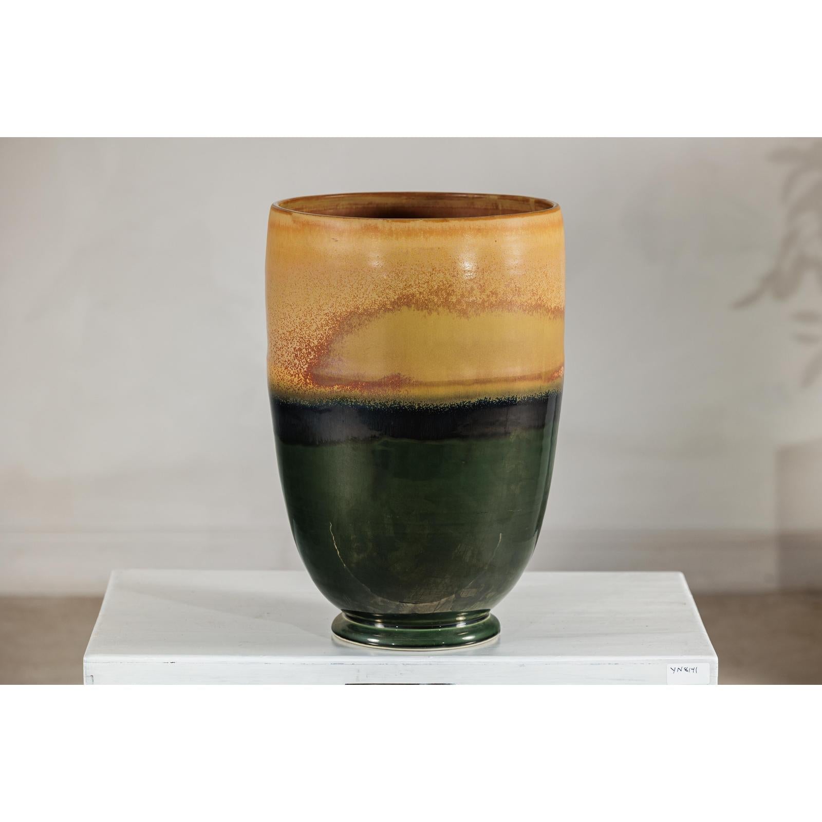 Large Ochre &amp; Green Ceramic Planter with Earth-Tone Finish - image 3