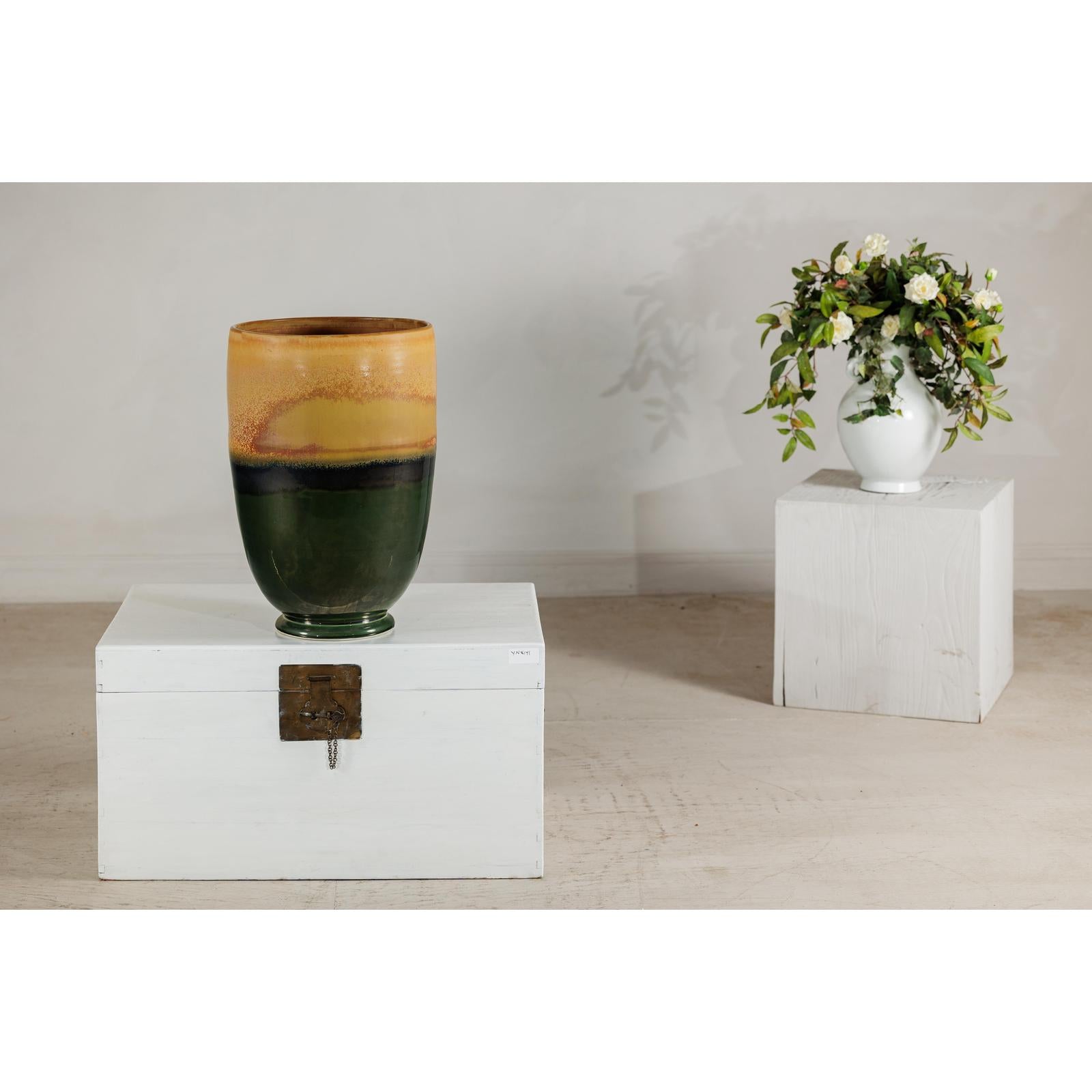 Large Ochre &amp; Green Ceramic Planter with Earth-Tone Finish - image 4