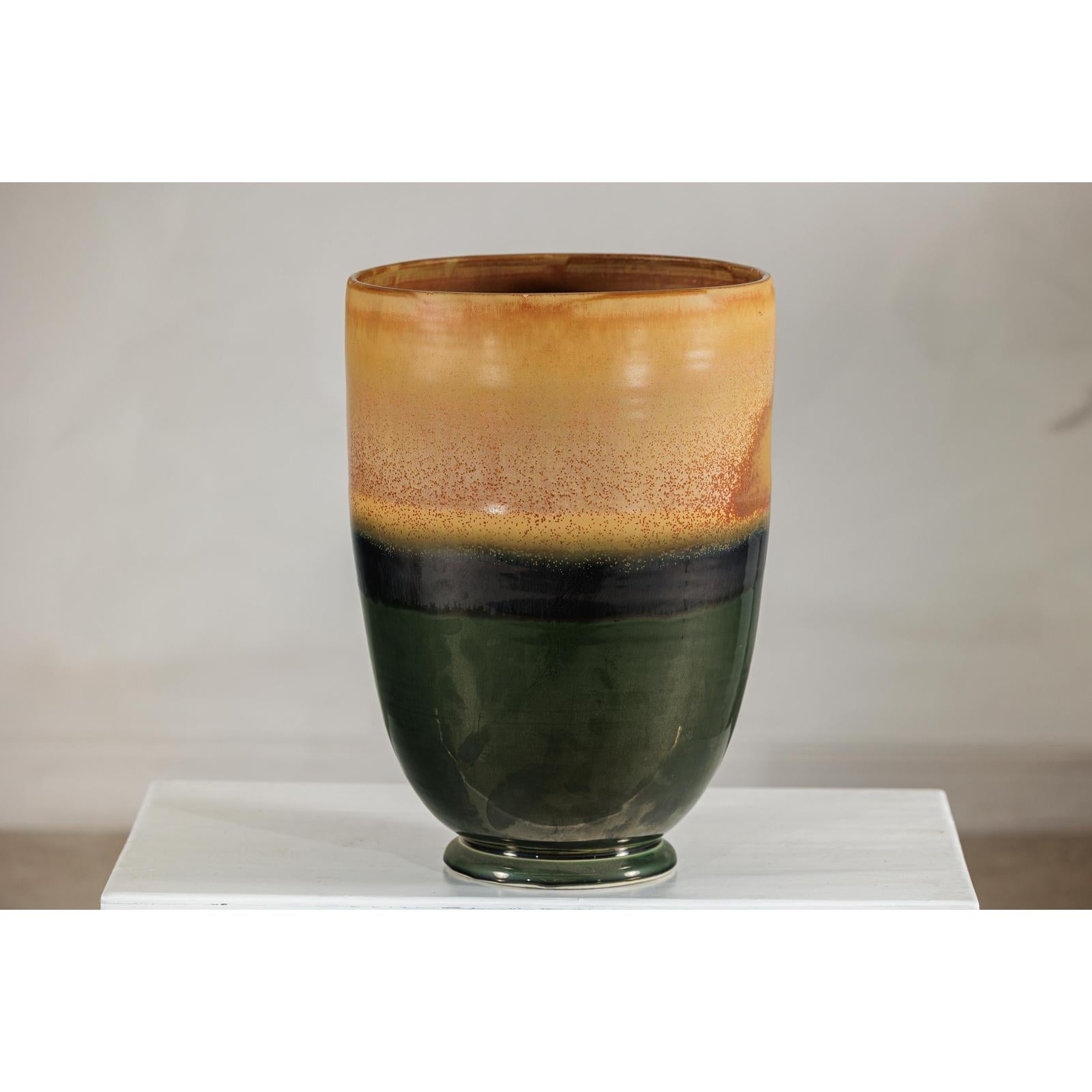 Large Ochre &amp; Green Ceramic Planter with Earth-Tone Finish - image 8