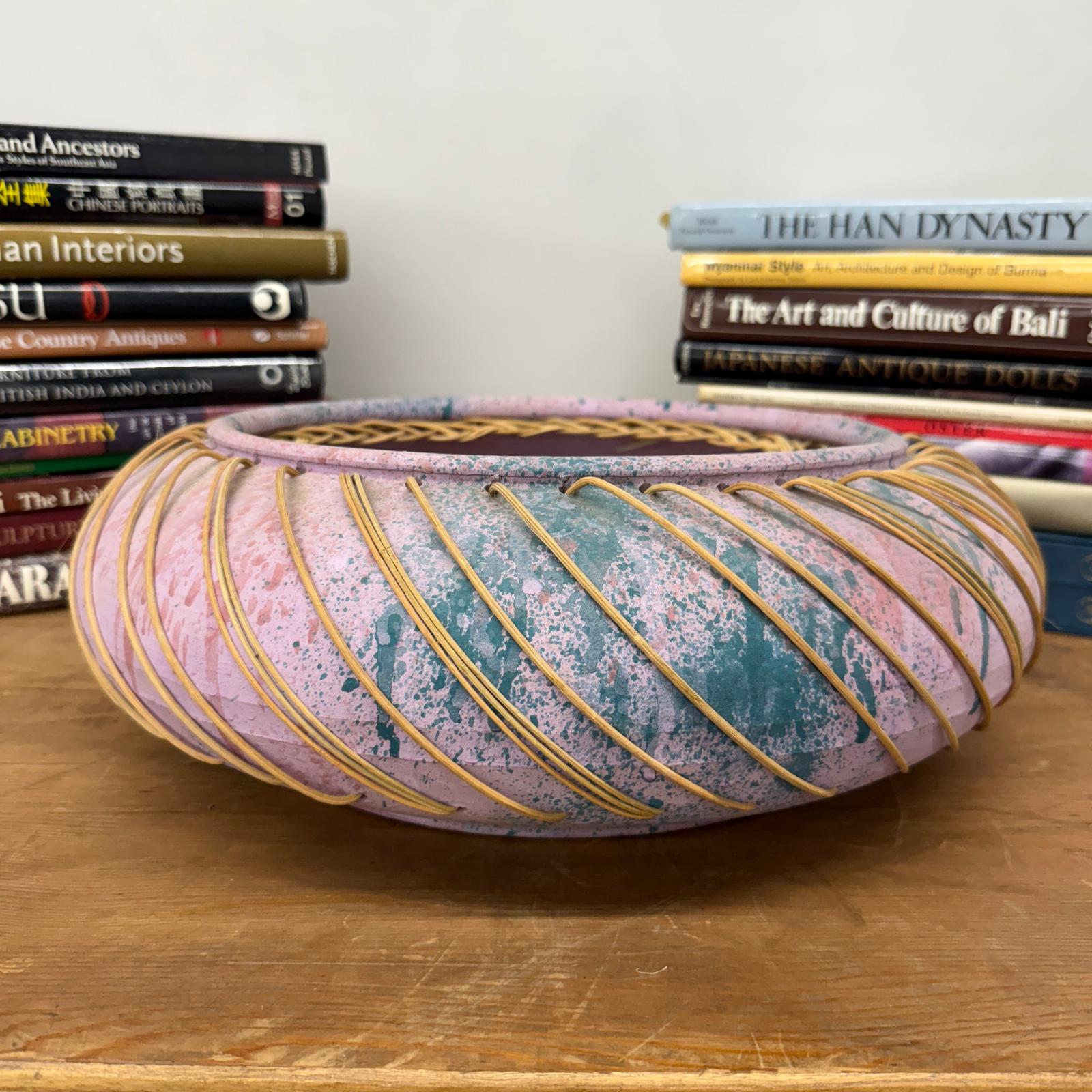 Large Pink and Blue Pastel Ceramic Bowl with Woven Design - FEA Home