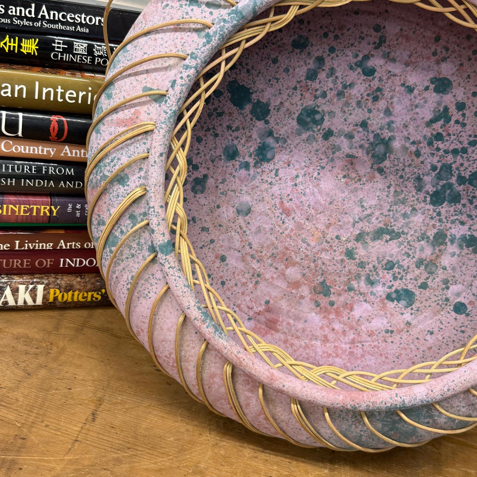 Large Pink and Blue Pastel Ceramic Bowl with Woven Design - FEA Home