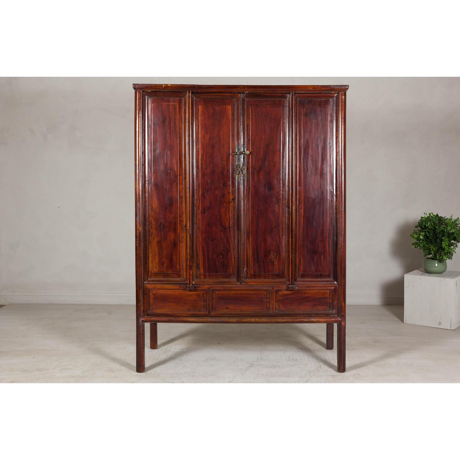 Large Reddish Brown Lacquered Cabinet with Folding Doors and Two Shelves