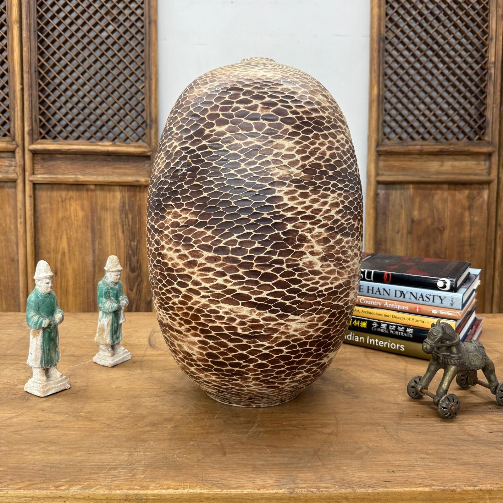 Large Round Ceramic Vase with Brown &amp; Cream Snakeskin Design, SKU , image 2