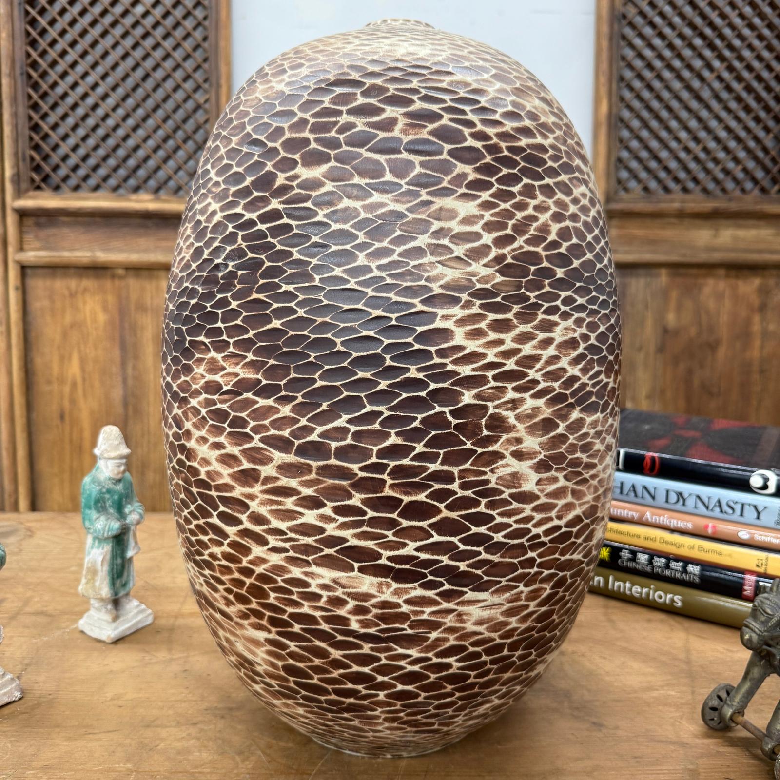 Large Round Ceramic Vase with Brown &amp; Cream Snakeskin Design, SKU , image 3