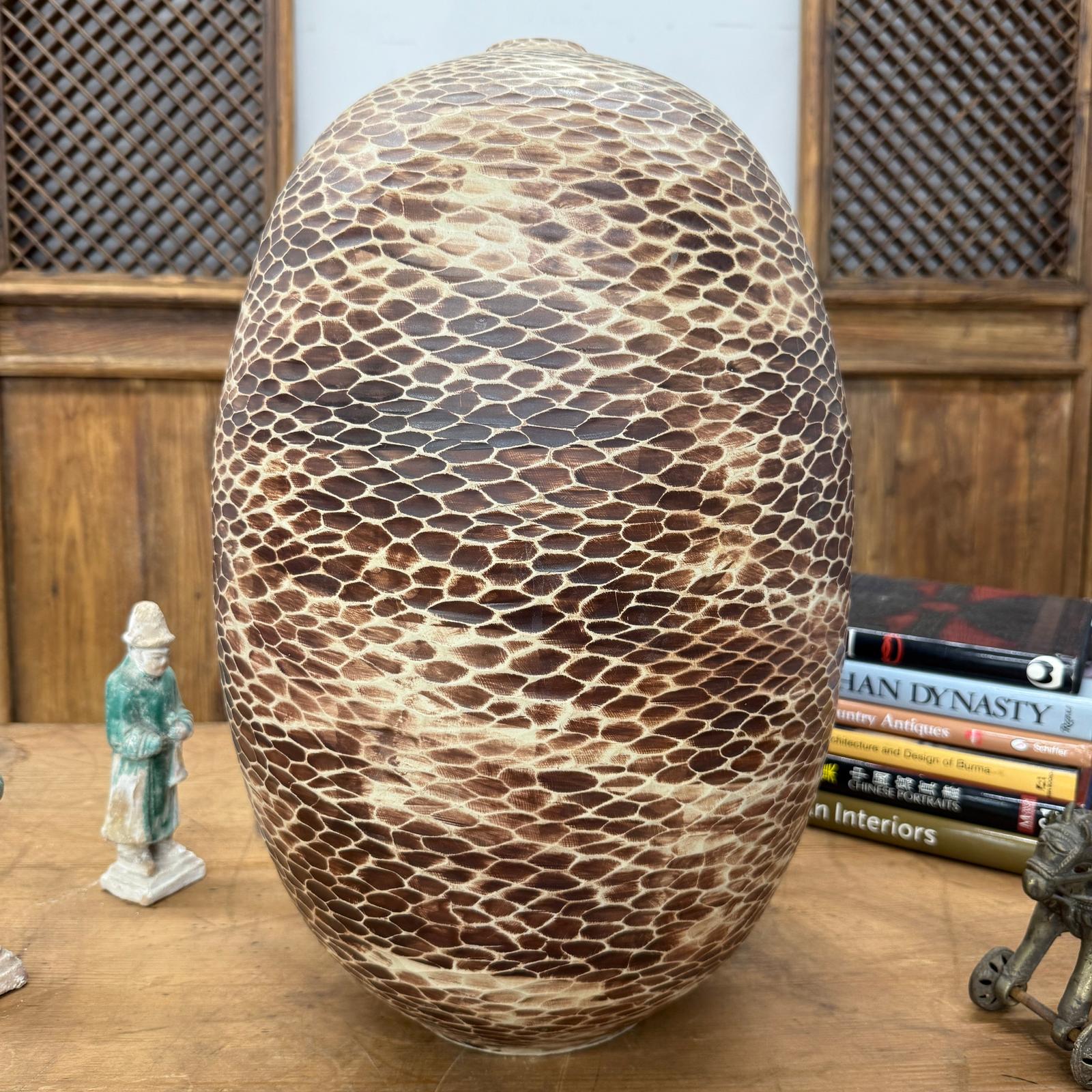 Large Round Ceramic Vase with Brown &amp; Cream Snakeskin Design, SKU , image 4