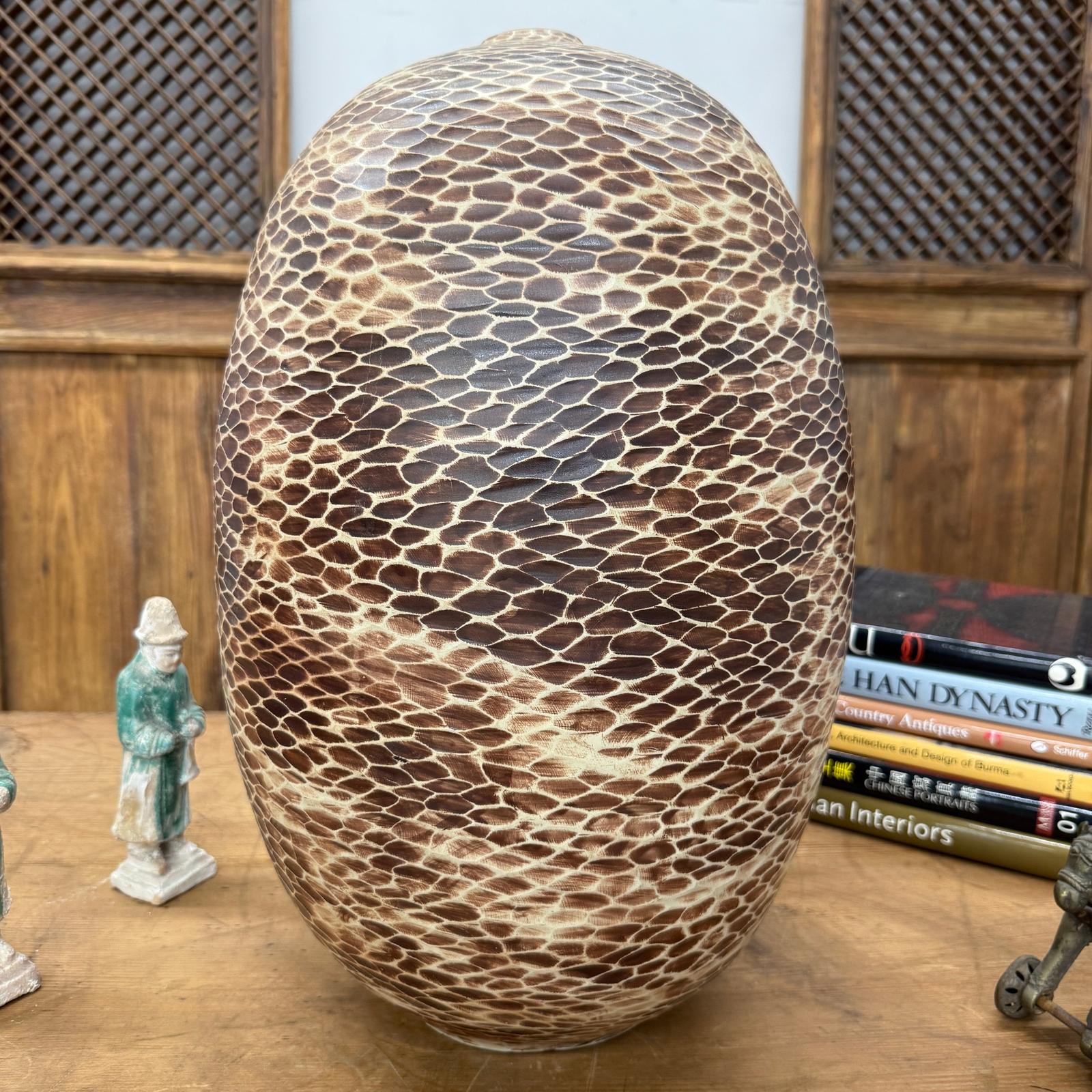 Large Round Ceramic Vase with Brown &amp; Cream Snakeskin Design, SKU , image 5