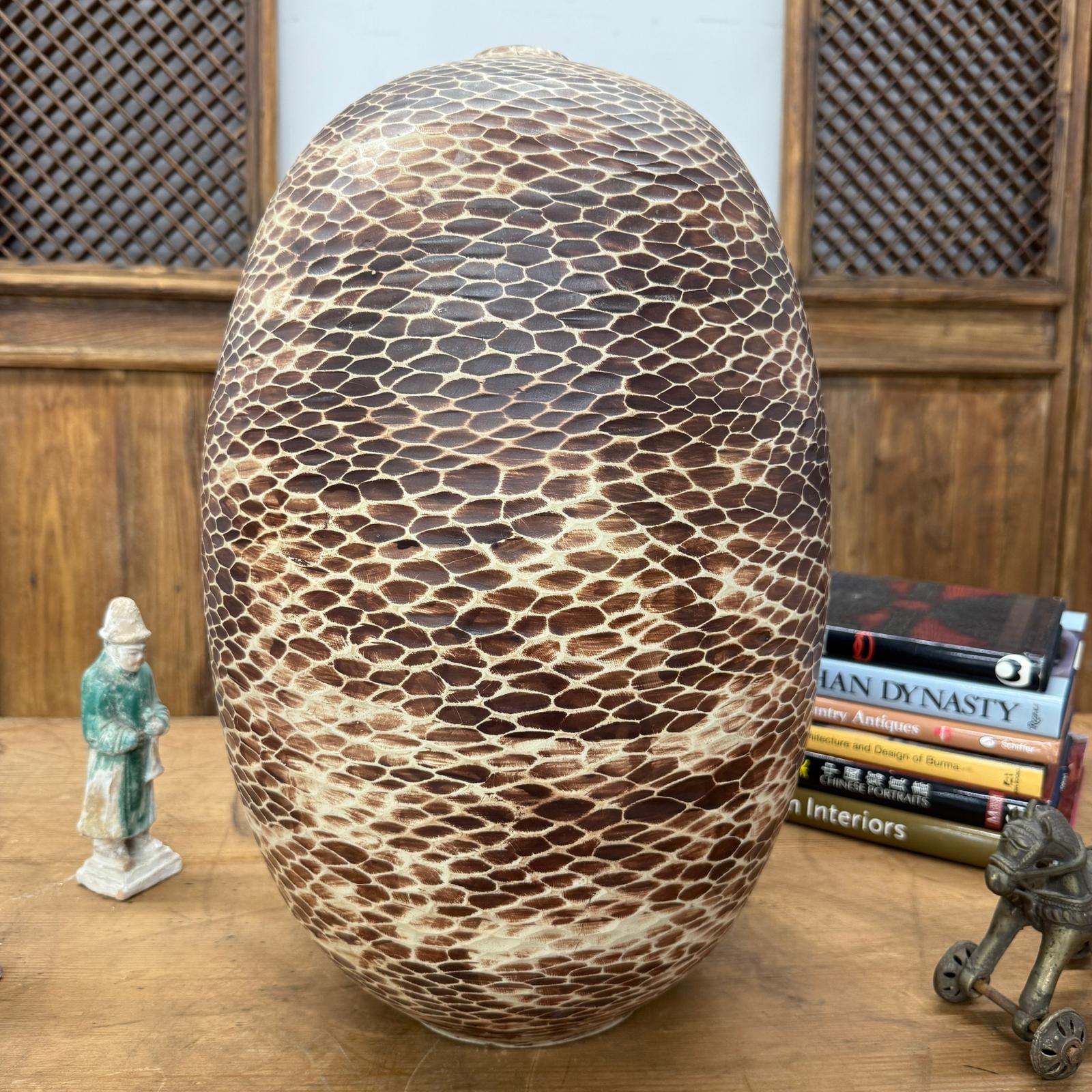 Large Round Ceramic Vase with Brown &amp; Cream Snakeskin Design, SKU , image 6