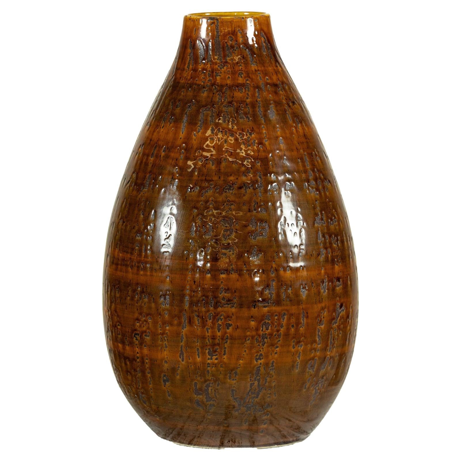 Large Rounded Artisan Ceramic Vase with Amber-Brown Glaze - image 1