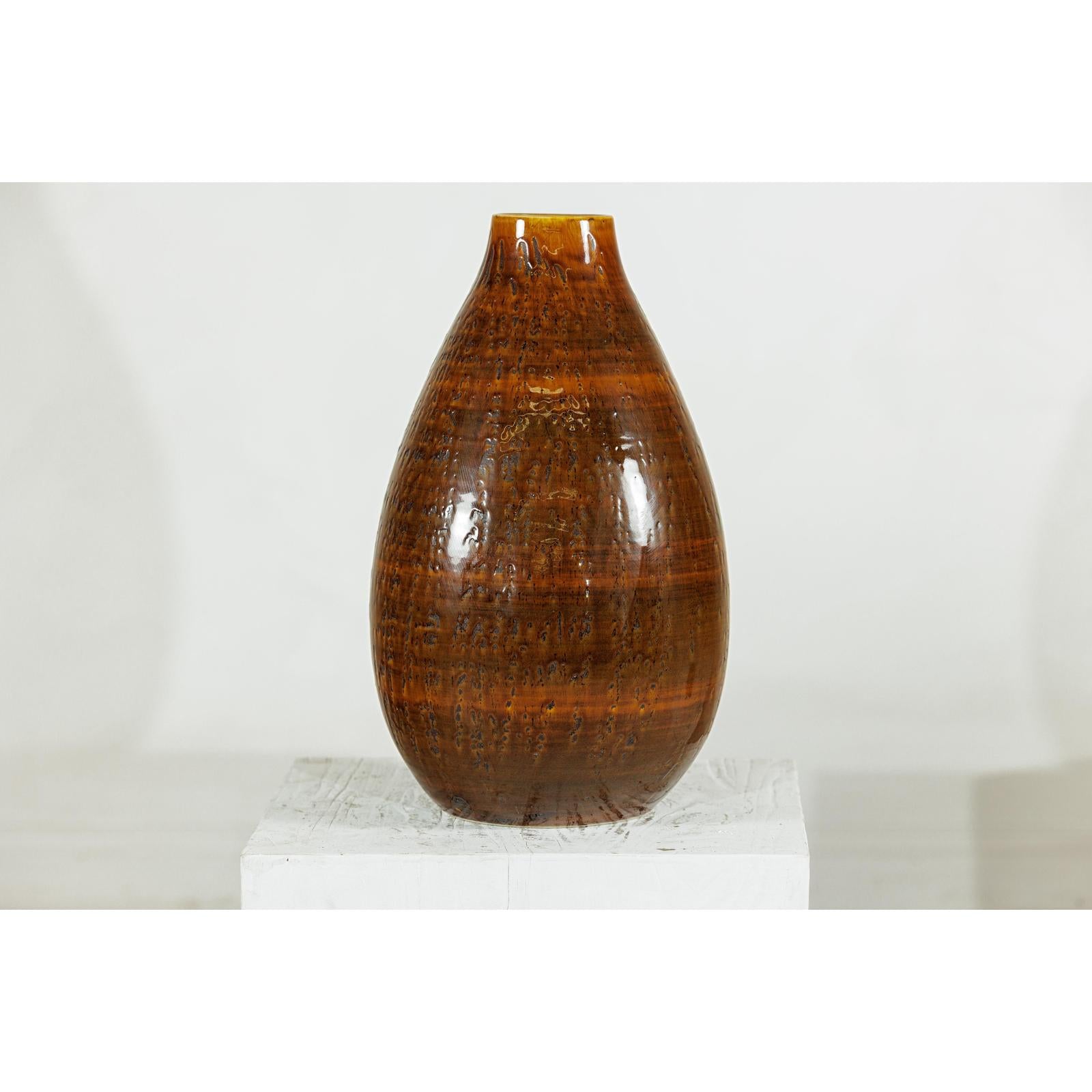 Large Rounded Artisan Ceramic Vase with Amber-Brown Glaze - image 13