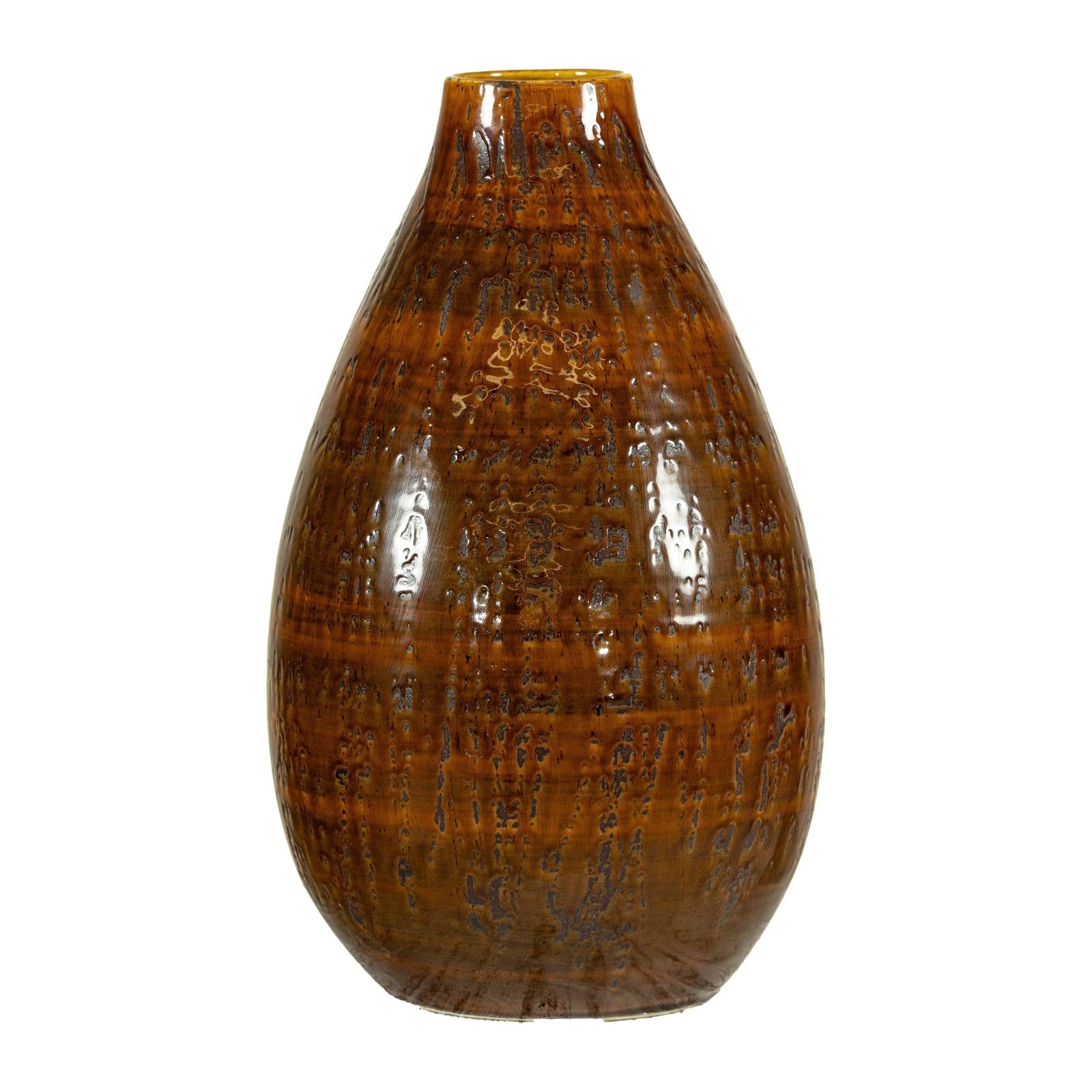 Large Rounded Artisan Ceramic Vase with Amber-Brown Glaze - image 14
