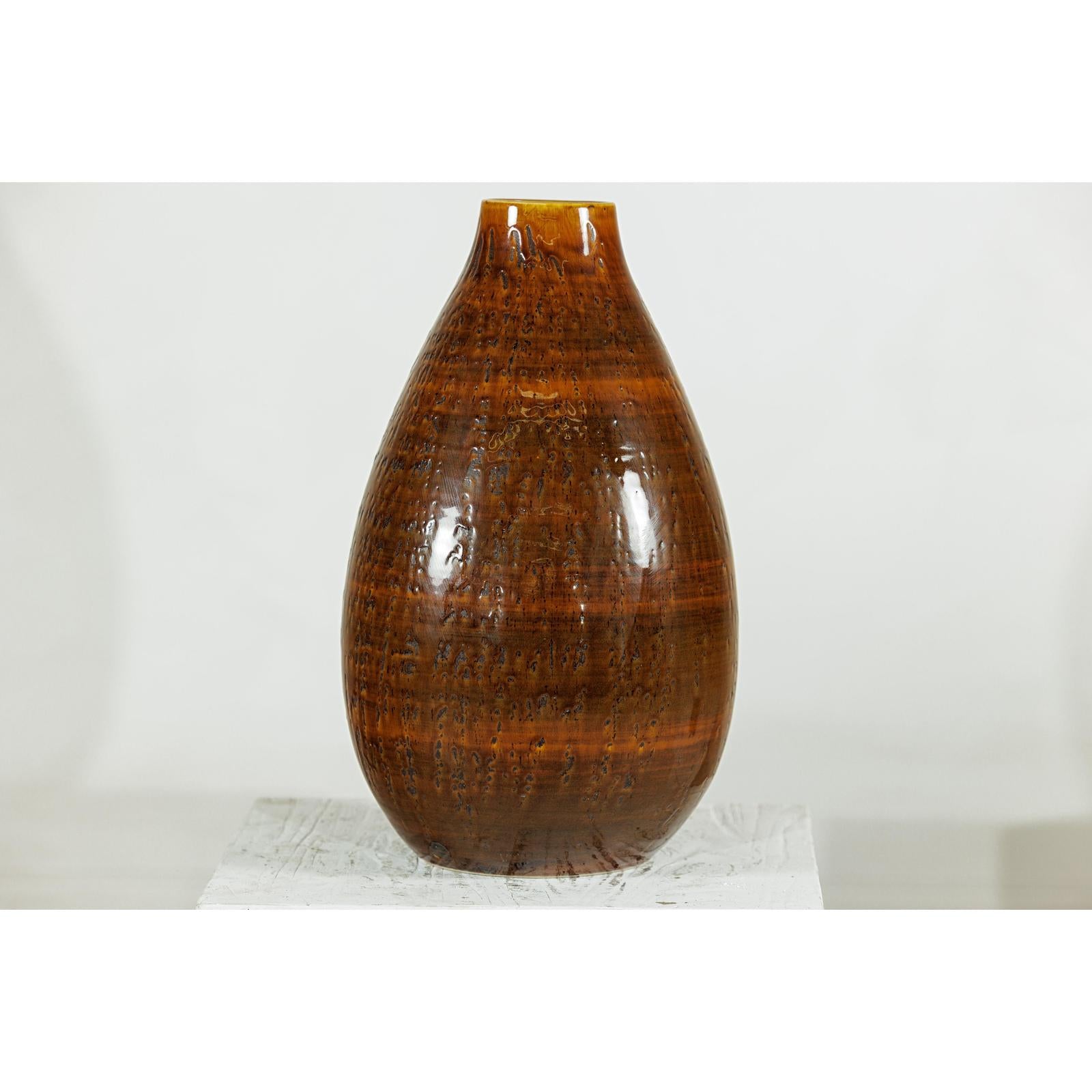 Large Rounded Artisan Ceramic Vase with Amber-Brown Glaze - image 2