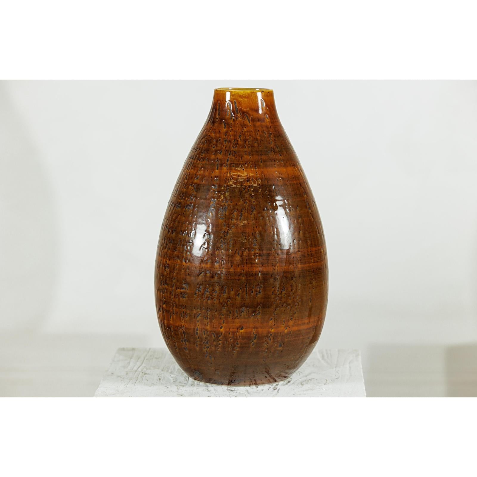 Large Rounded Artisan Ceramic Vase with Amber-Brown Glaze - image 3