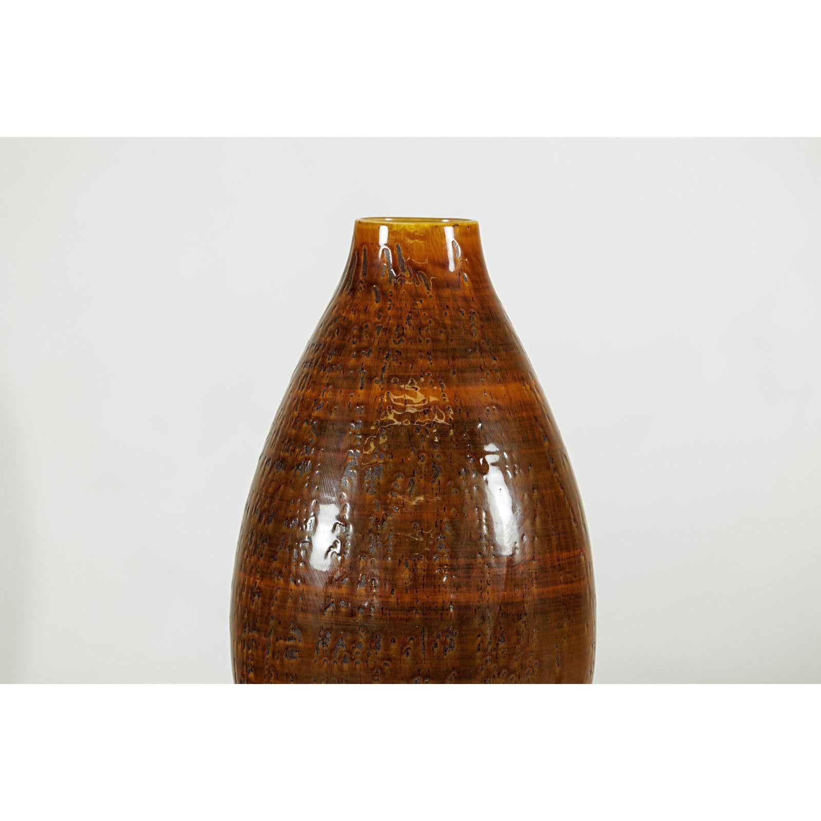 Large Rounded Artisan Ceramic Vase with Amber-Brown Glaze - image 4